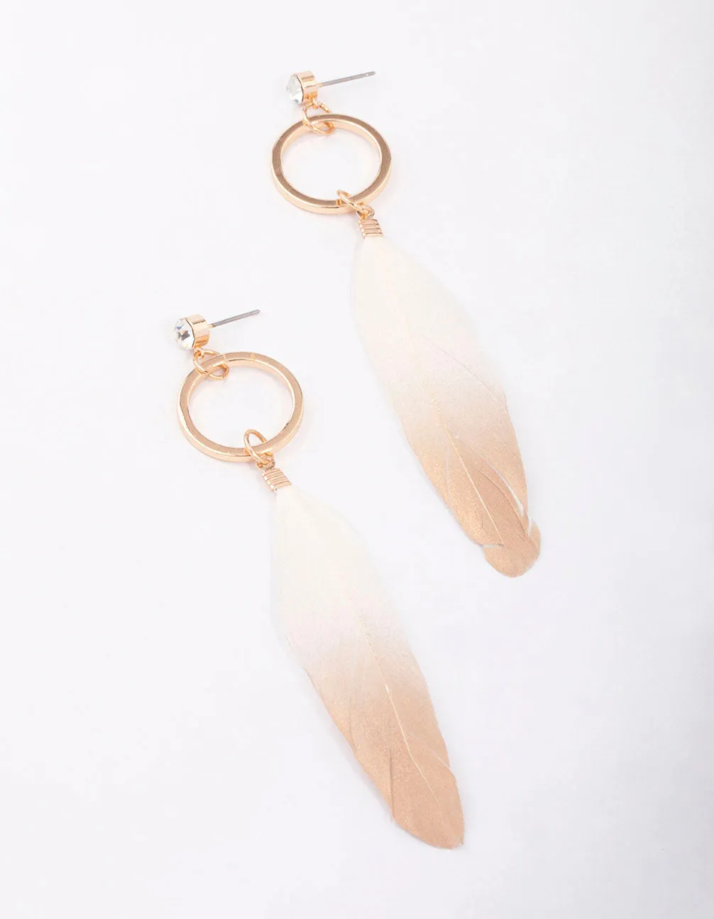 Gold Diamante Ring Feather Drop Earrings