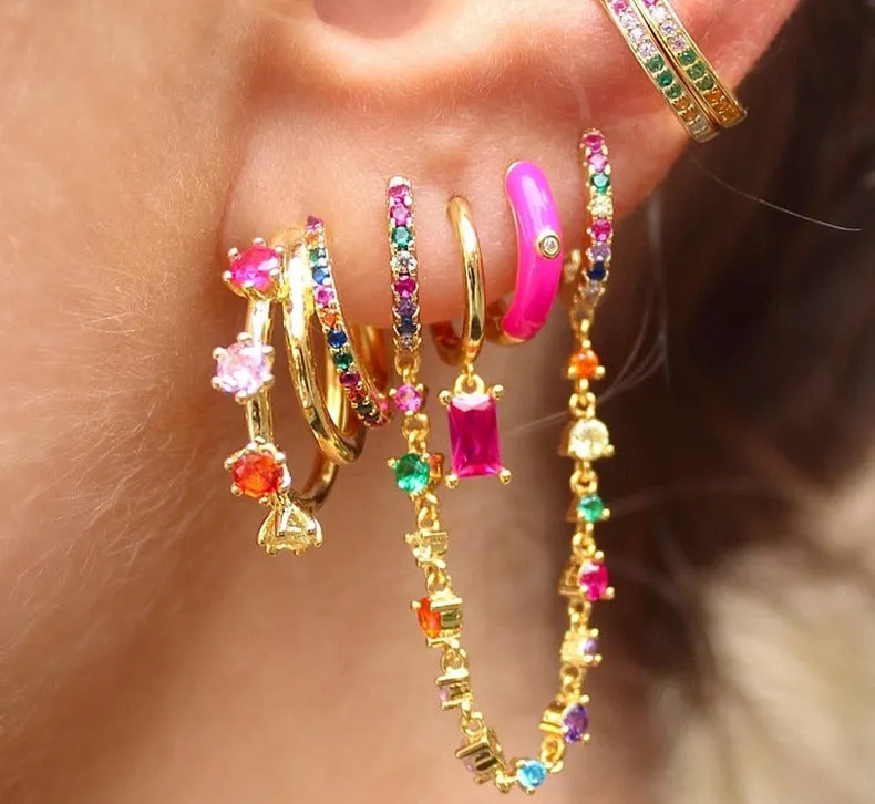 Gold Filled Stud Earrings Set For Women Ear Cuffs Colorful Zircon Dangle Hoop Earrings Fashion Party Jewelry Wholesale