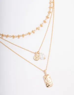 Gold Triple Layered Pearl Pendant Necklace