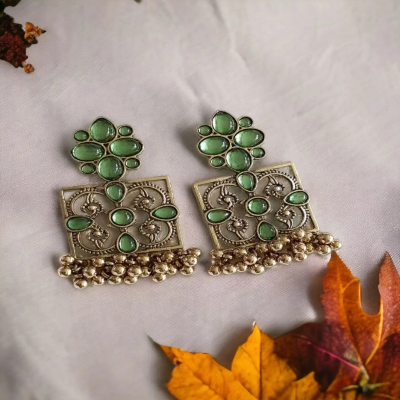 Green Beads Square Dangler Earrings