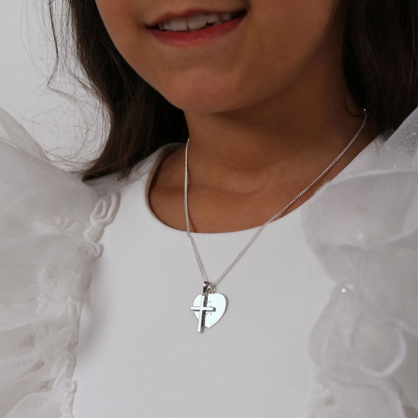 Heart And Cross Charm Necklace - Sterling Silver