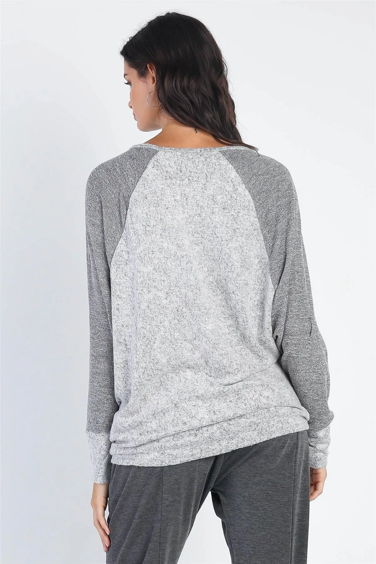 Heather Grey Round Neck Long Cuff Sleeve Top