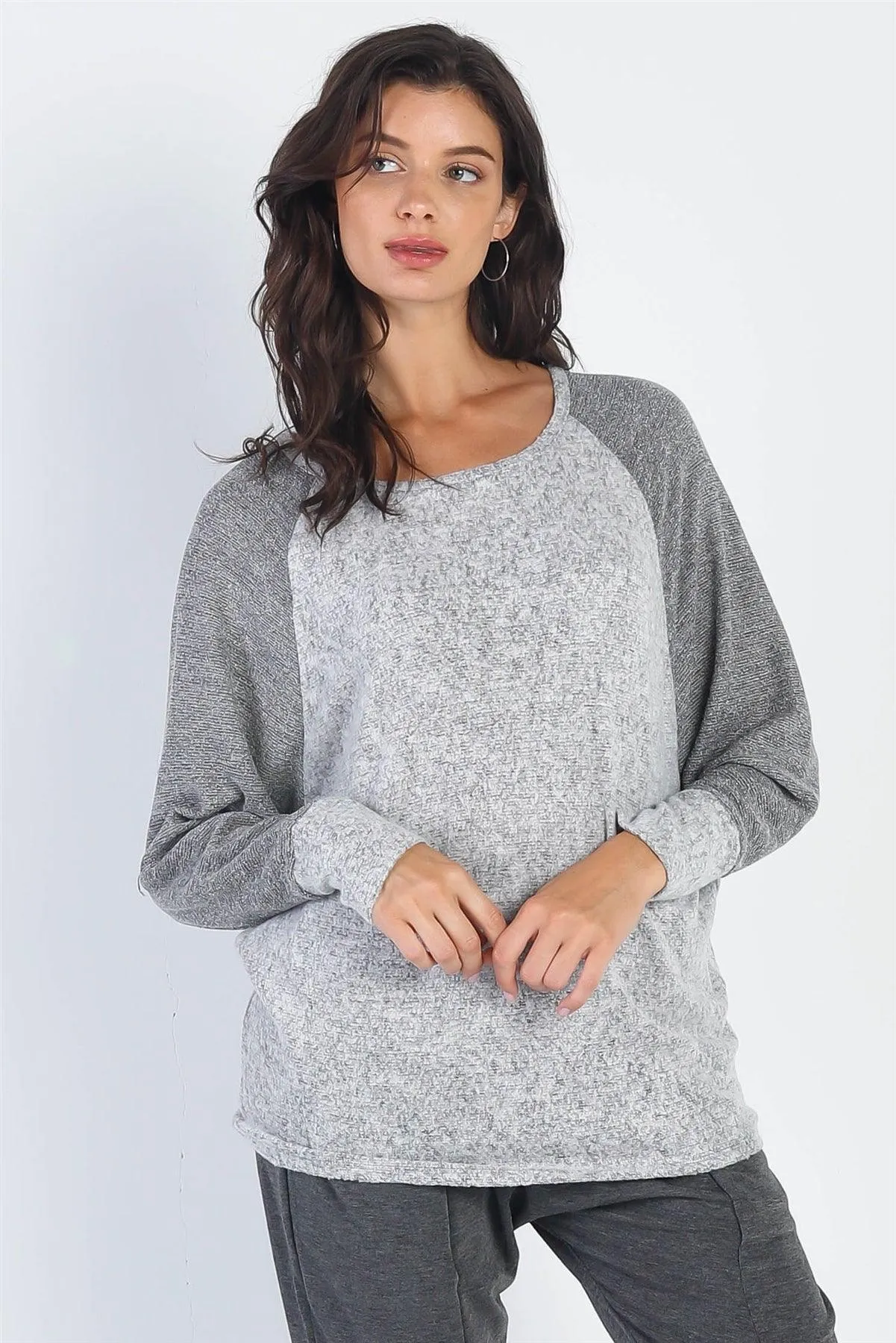 Heather Grey Round Neck Long Cuff Sleeve Top