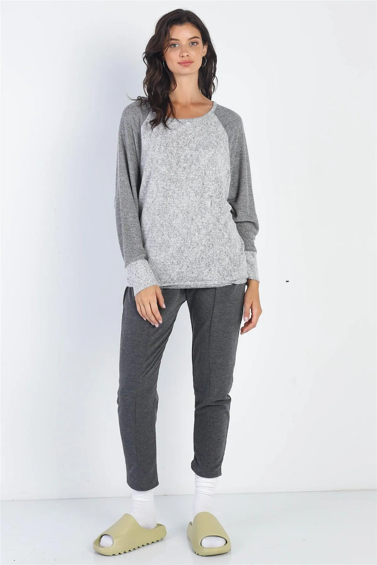 Heather Grey Round Neck Long Cuff Sleeve Top