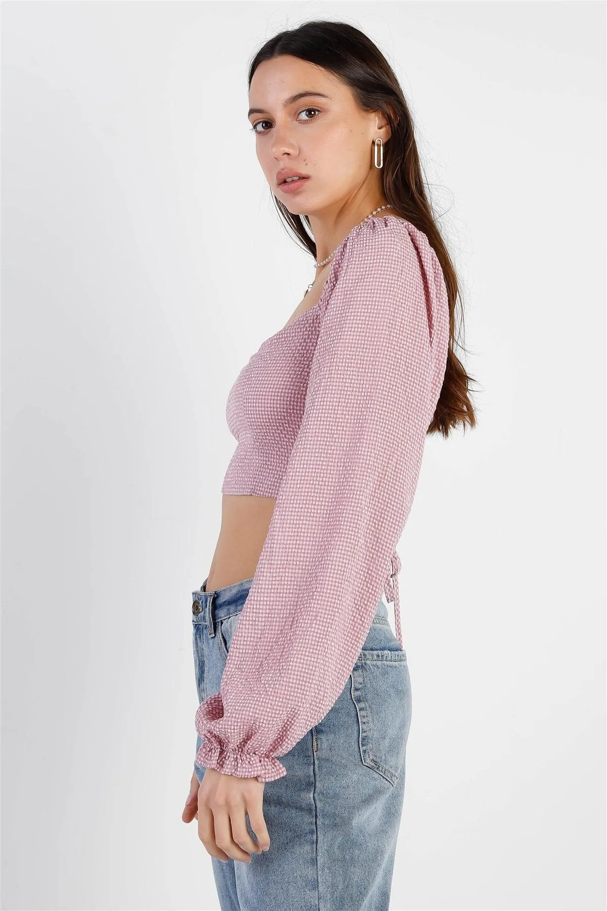 Ivory & Mauve Plaid Back Lace Down Detail Balloon Sleeve Crop Top /3-2-1