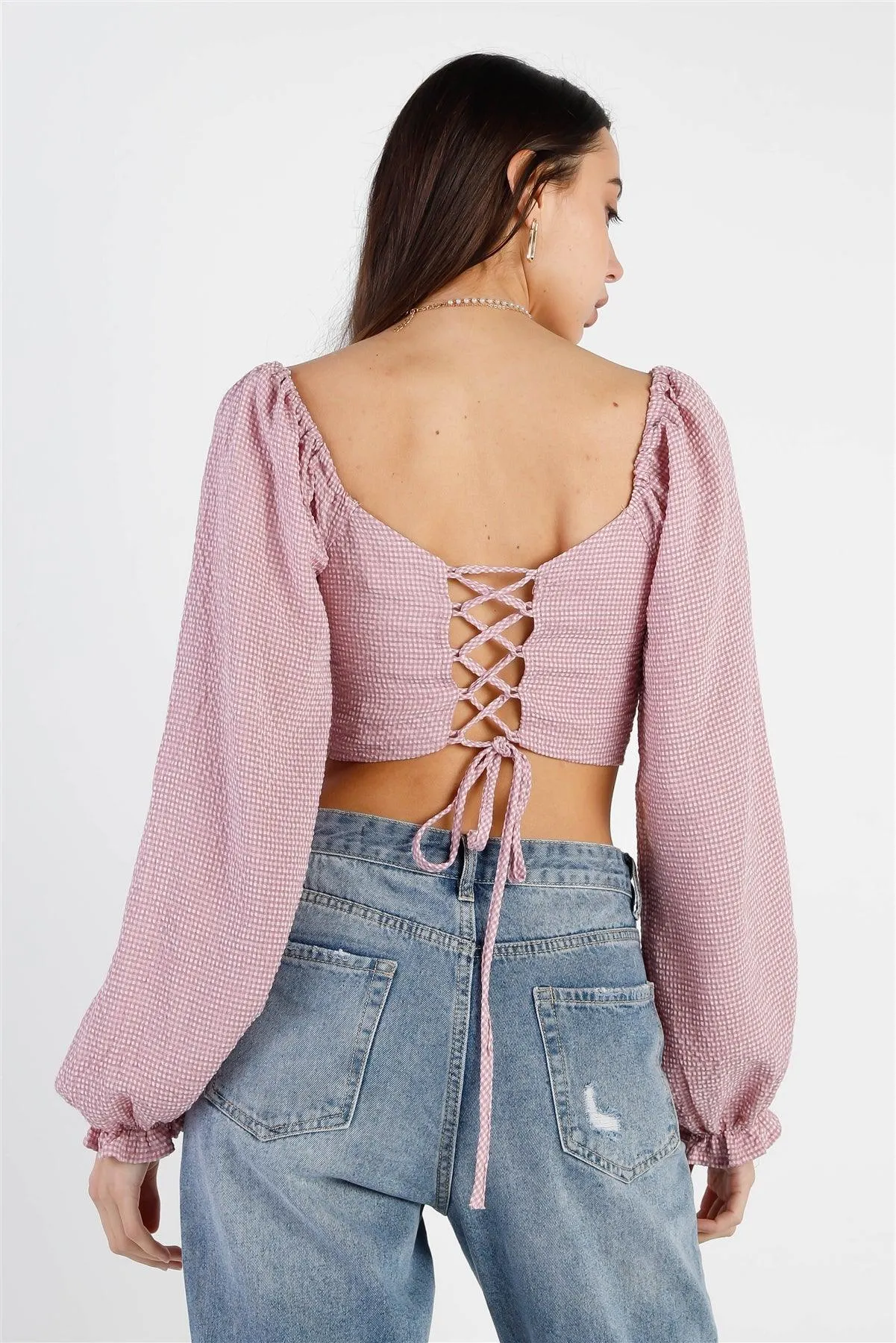 Ivory & Mauve Plaid Back Lace Down Detail Balloon Sleeve Crop Top /3-2-1