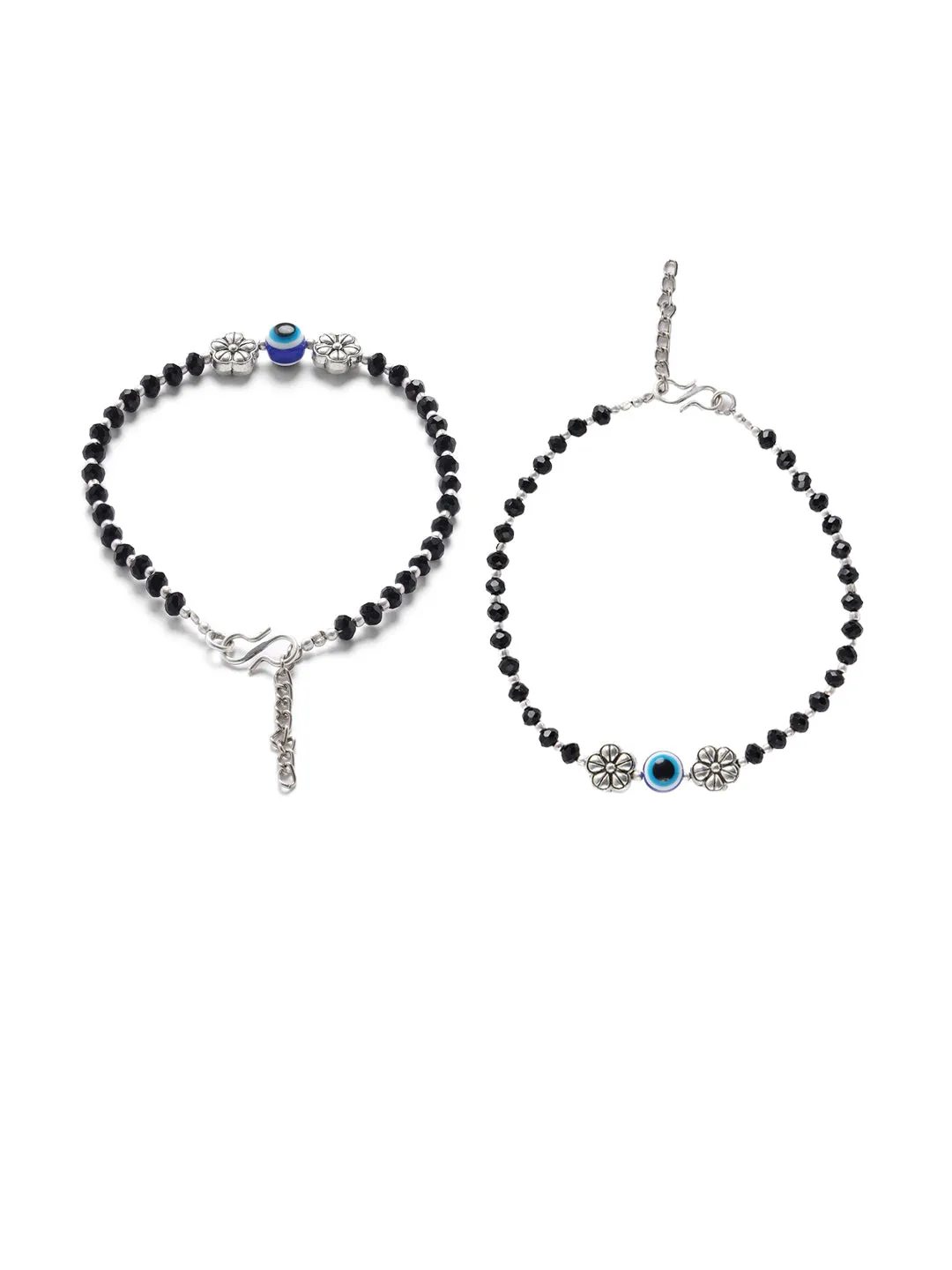 Jazz And Sizzle Set Of 2 Silver-Plated & Black Beaded Handcrafted Flower Anklet