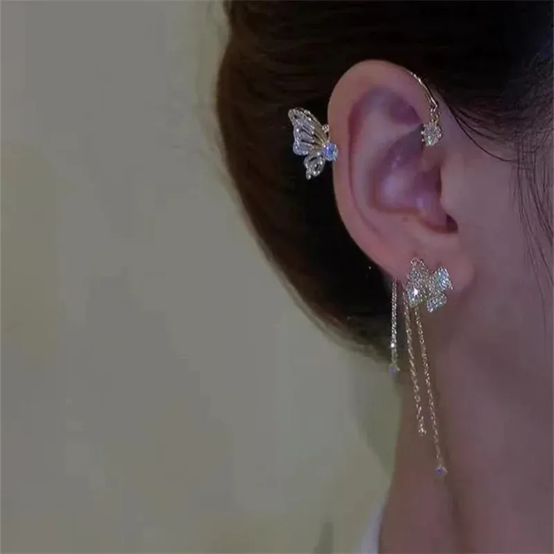 Korean Sparkling Zircon Flower Butterfly Ear Cuff Without Piercing Tassel Clip Earrings for Women Simple Ear Clip Fine Jewelry