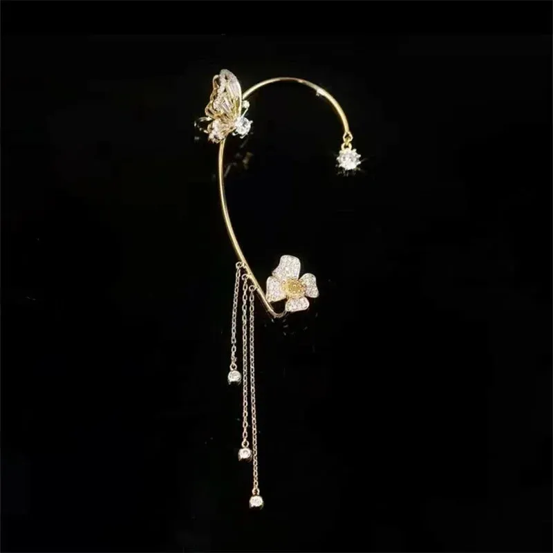 Korean Sparkling Zircon Flower Butterfly Ear Cuff Without Piercing Tassel Clip Earrings for Women Simple Ear Clip Fine Jewelry