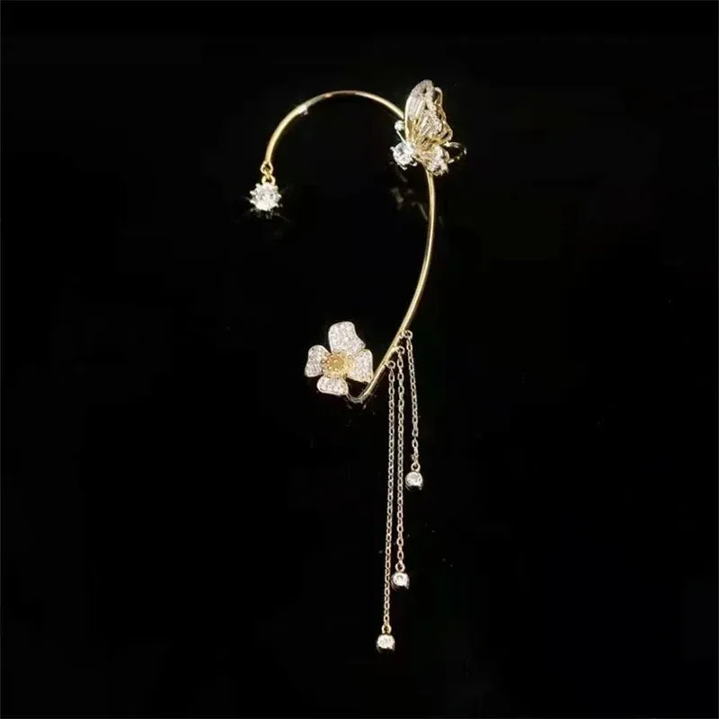 Korean Sparkling Zircon Flower Butterfly Ear Cuff Without Piercing Tassel Clip Earrings for Women Simple Ear Clip Fine Jewelry