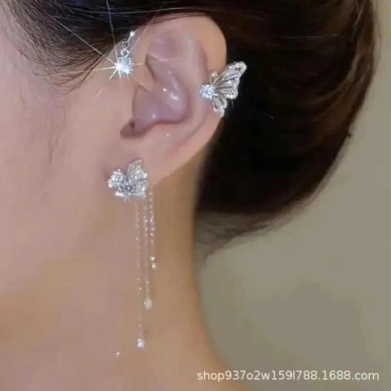 Korean Sparkling Zircon Flower Butterfly Ear Cuff Without Piercing Tassel Clip Earrings for Women Simple Ear Clip Fine Jewelry