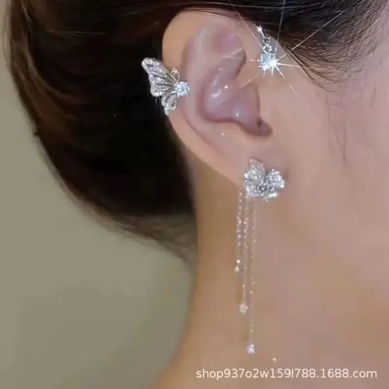 Korean Sparkling Zircon Flower Butterfly Ear Cuff Without Piercing Tassel Clip Earrings for Women Simple Ear Clip Fine Jewelry