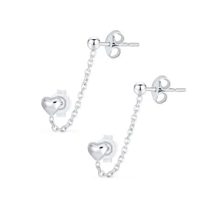 Love Double Pierced Mini Heart Ear Cuff Cartilage Chain & Ball Stud Earrings Silver