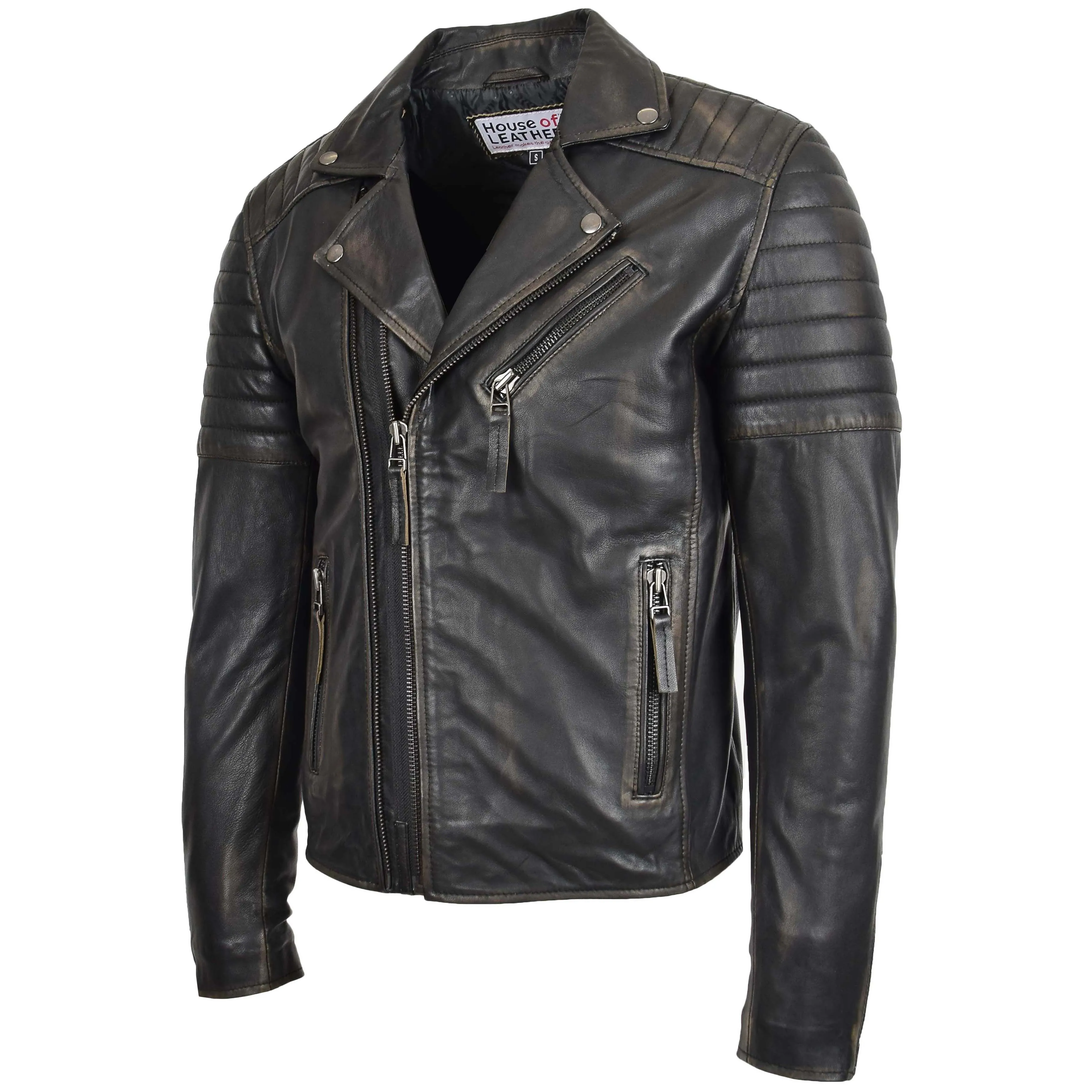 Mens Biker Leather Jacket Dual Zip Hook Rub Off