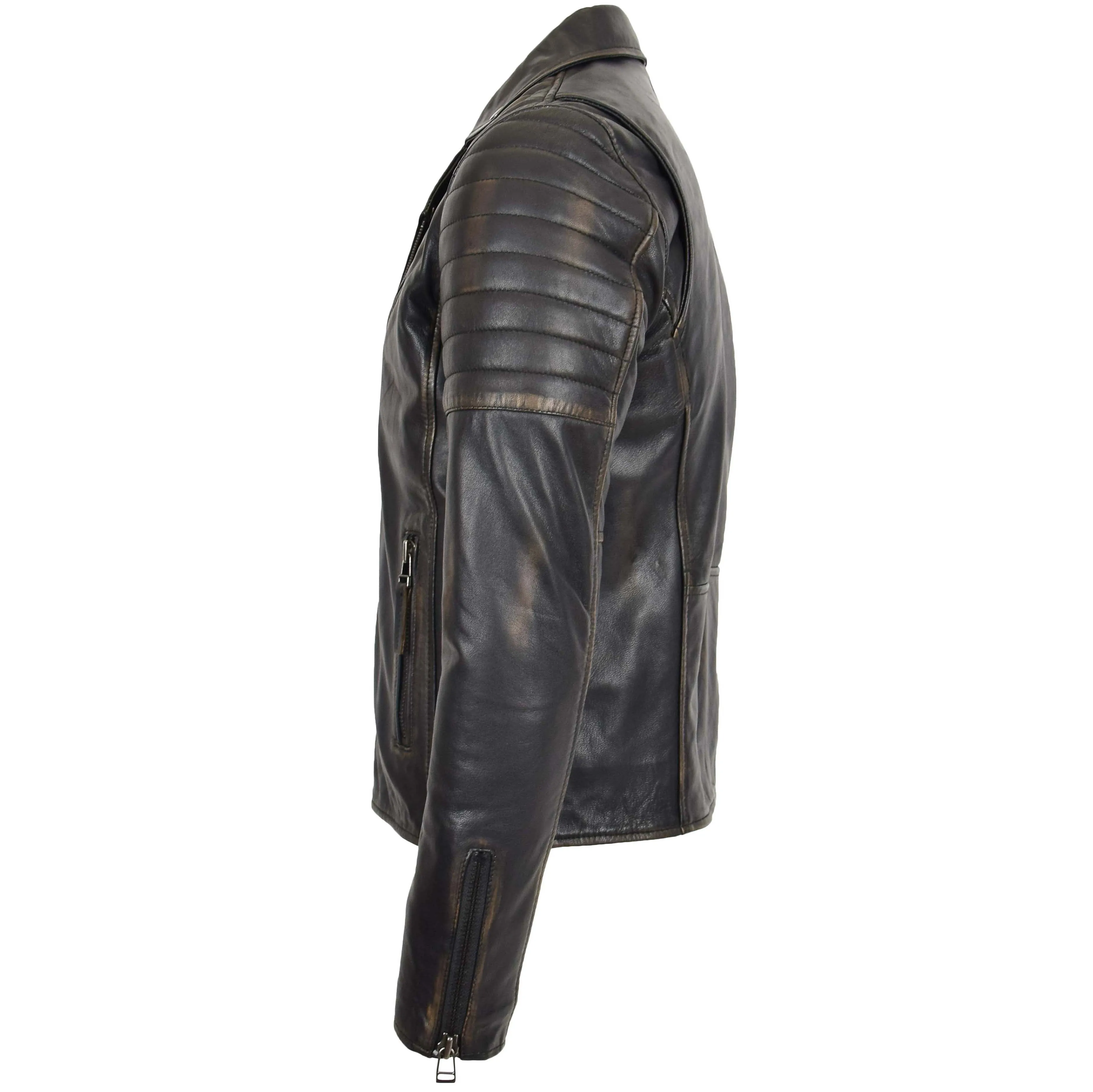 Mens Biker Leather Jacket Dual Zip Hook Rub Off