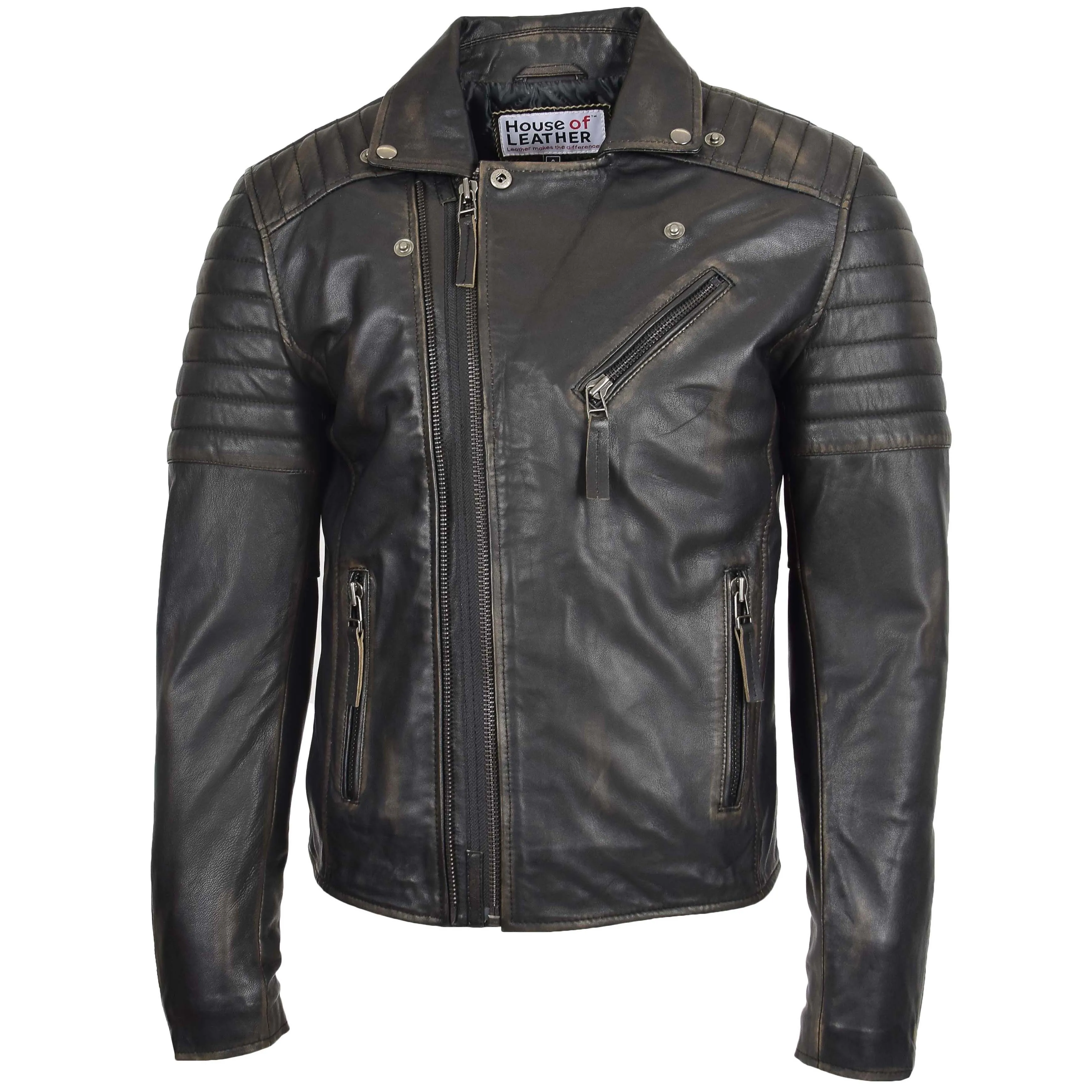 Mens Biker Leather Jacket Dual Zip Hook Rub Off