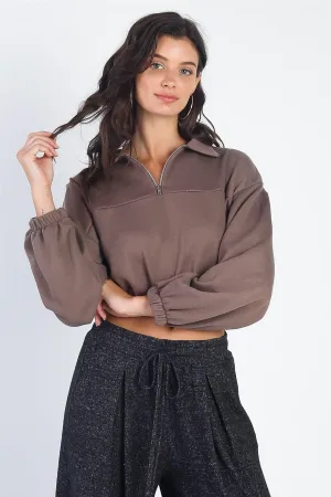 Mocha Zip-Up Collared Long Sleeve Crop Sweater /2-2