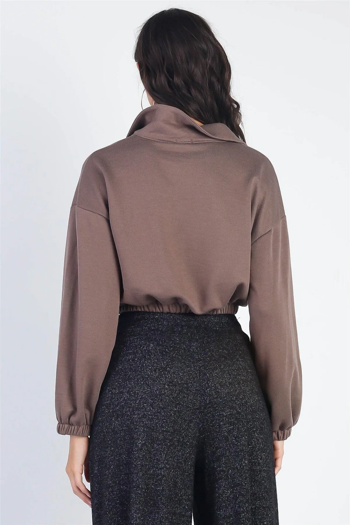 Mocha Zip-Up Collared Long Sleeve Crop Sweater /2-2