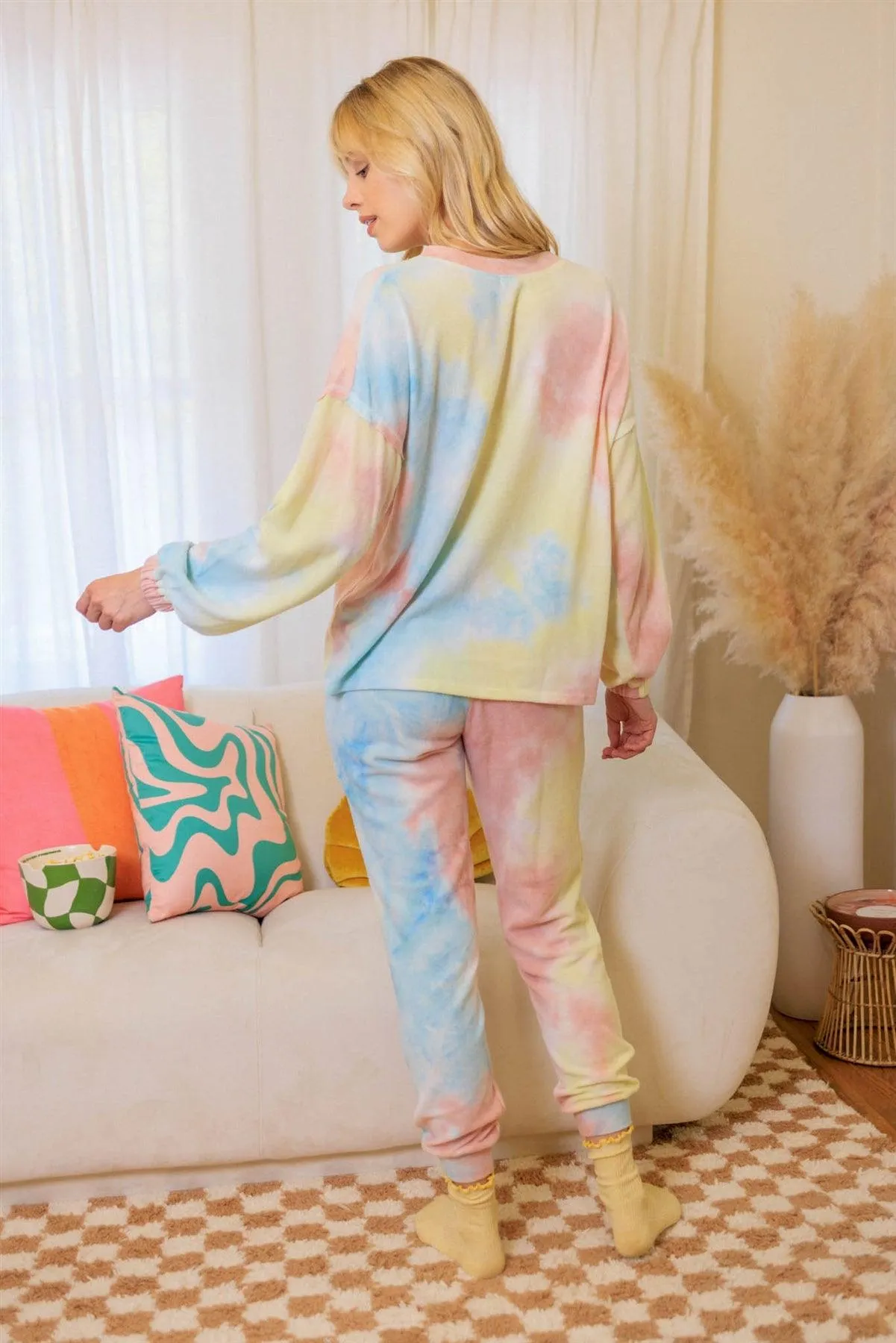 Multi Color Tie-Dye Flannel  Button Up Long Sleeve Top & Jogger Pants Set /1-1-1