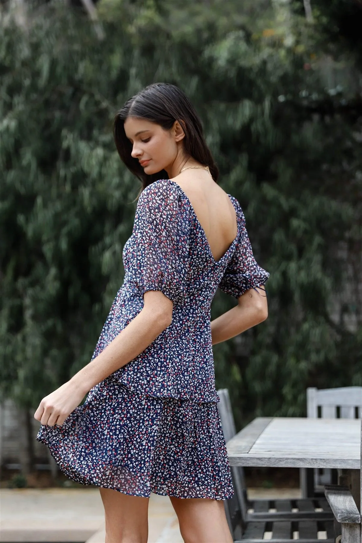 Navy Multi Color Floral Print Ruffled Ruched Front Detail Balloon Short Sleeve Mini Dress /1-2-2-1