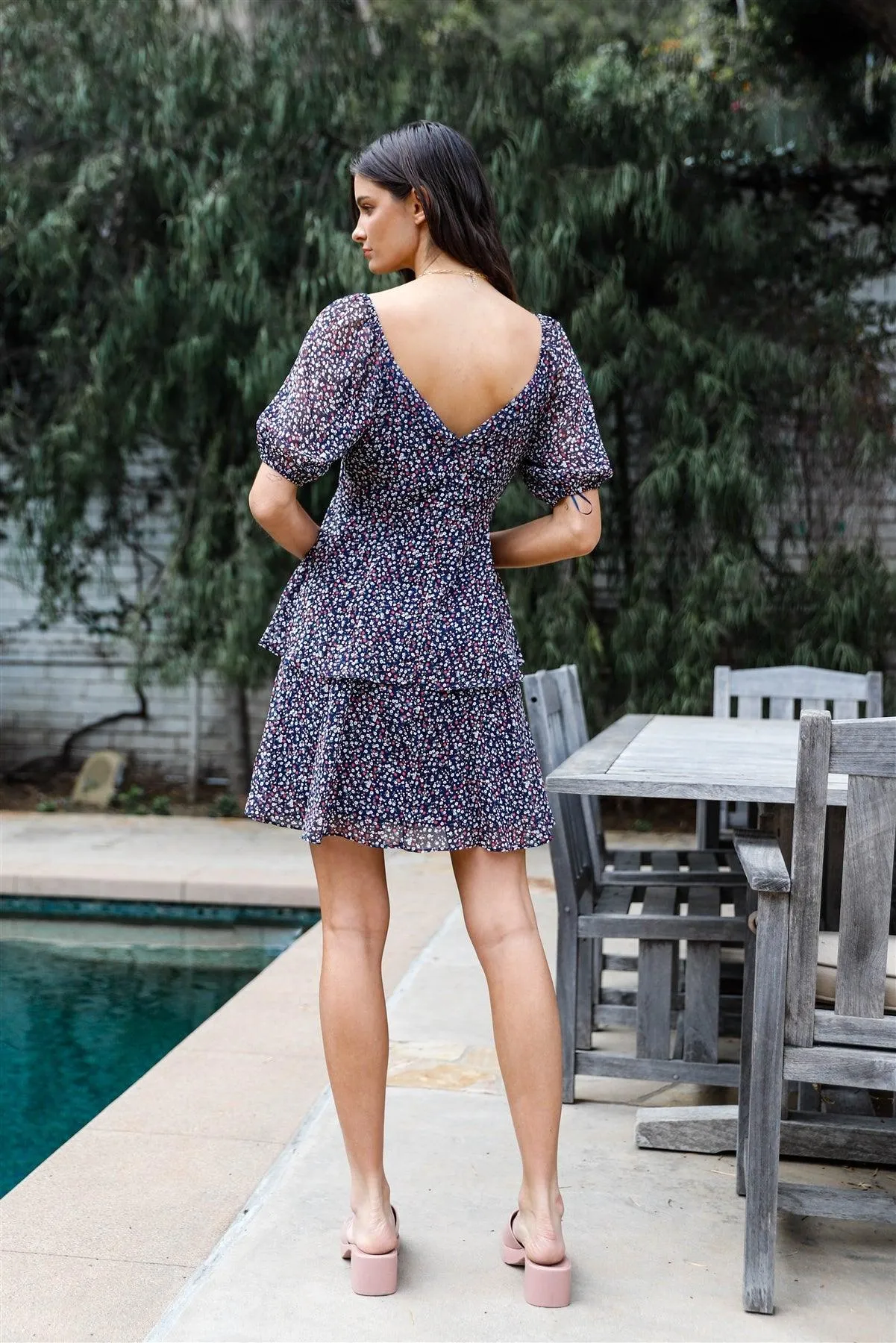 Navy Multi Color Floral Print Ruffled Ruched Front Detail Balloon Short Sleeve Mini Dress /1-2-2-1