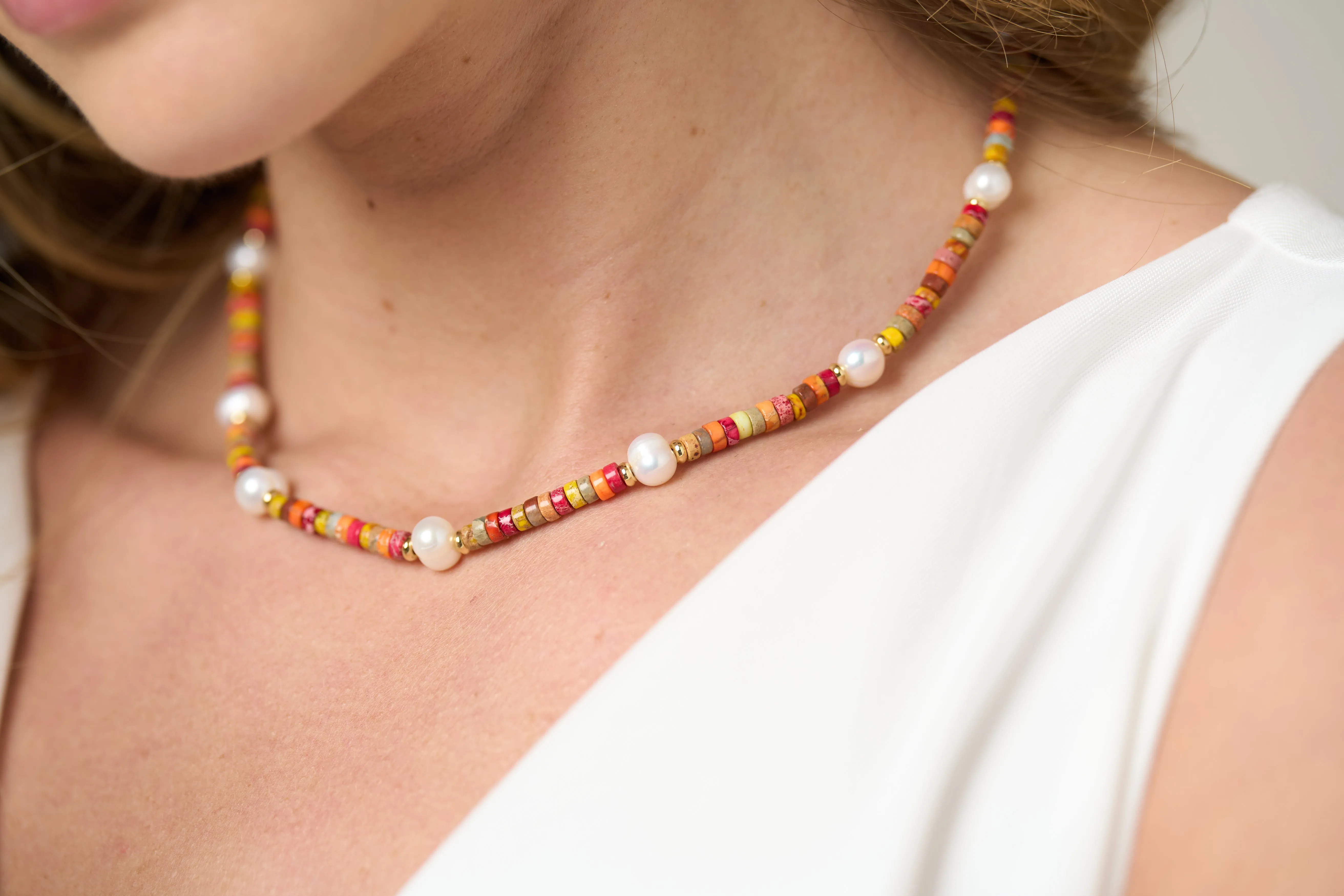 Nova oval cultured freshwater pearl necklace with orange mix jasper & gold beads