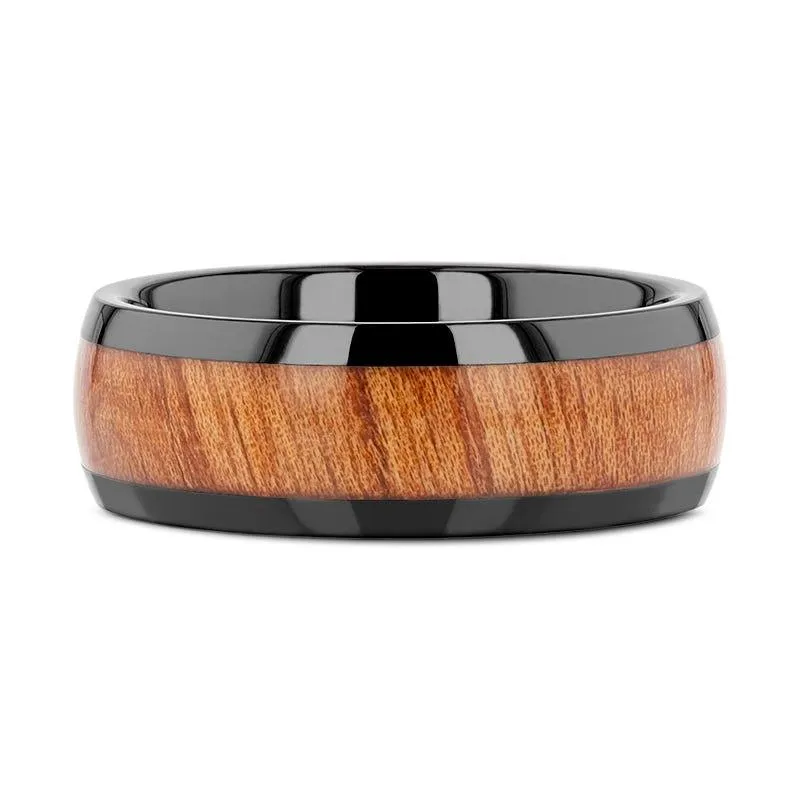 ODYSSEY Black Ceramic Wedding Band with Domed Polished Finish and Carpathian Elm Wood Inlay - 8mm