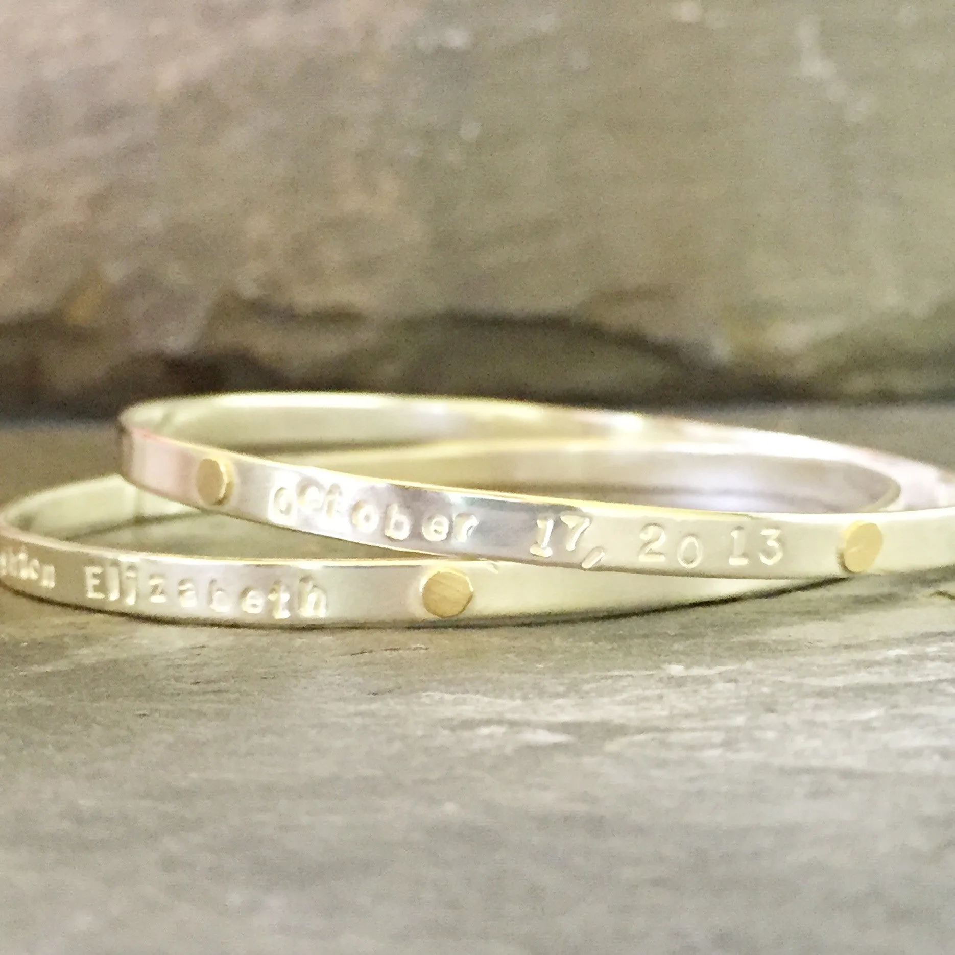 Personalized Mom silver with 18K gold dots narrow Bespoke Bangle