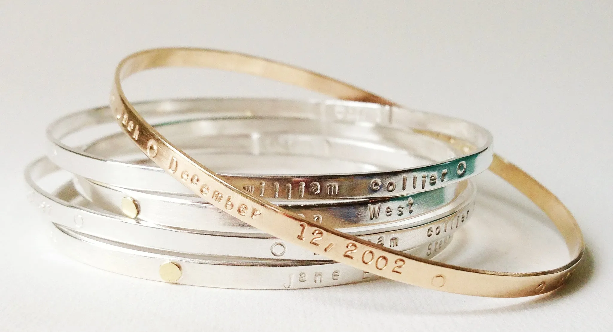 Personalized Mom silver with 18K gold dots narrow Bespoke Bangle