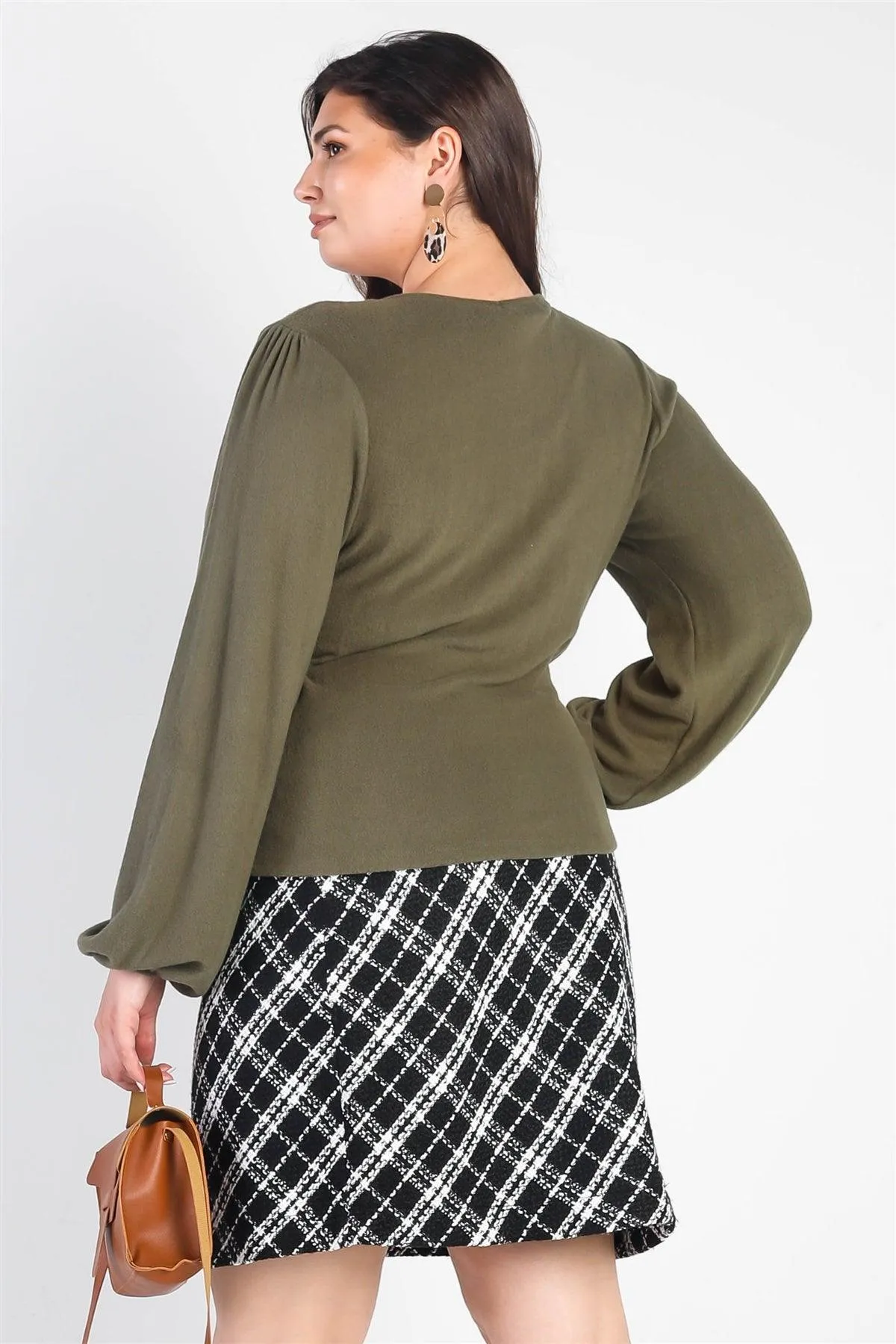 Plus Size Olive Flannel V-Neck Long Sleeve Top /3-2-1