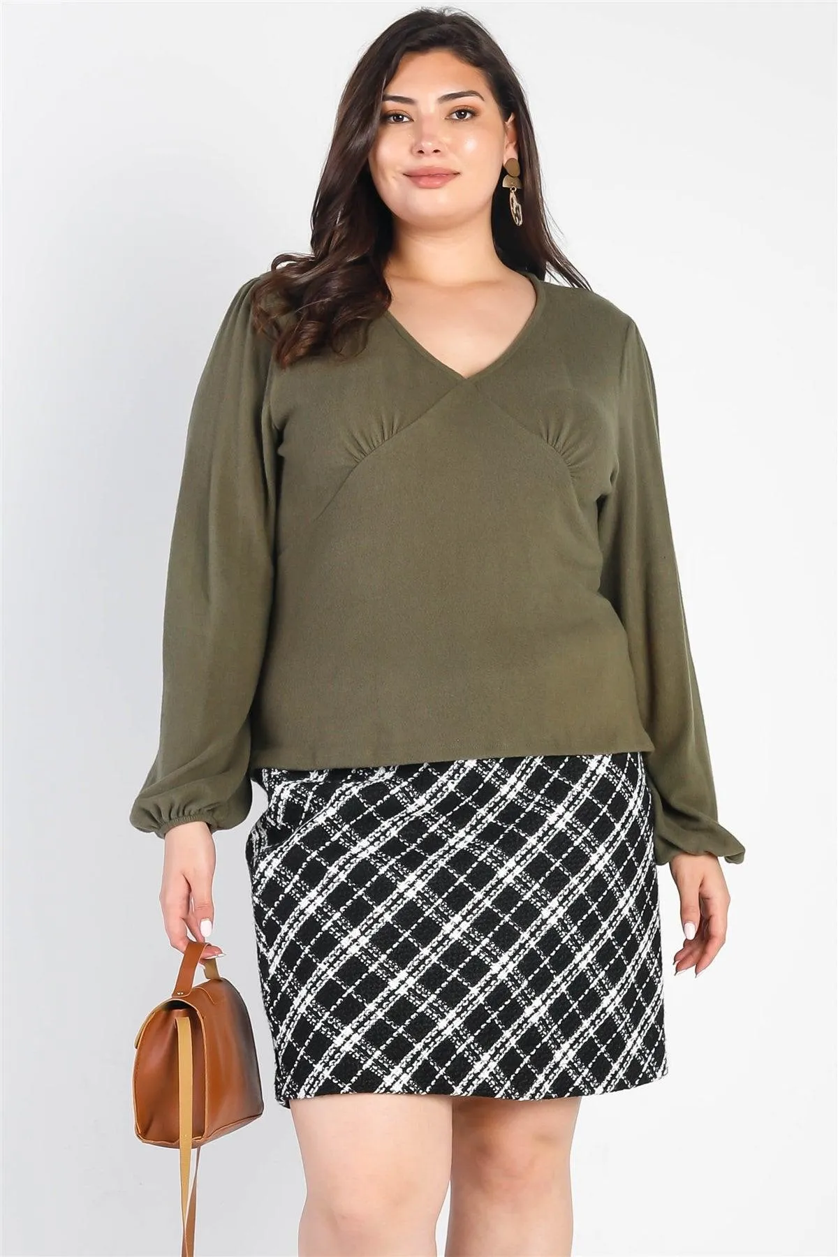 Plus Size Olive Flannel V-Neck Long Sleeve Top /3-2-1