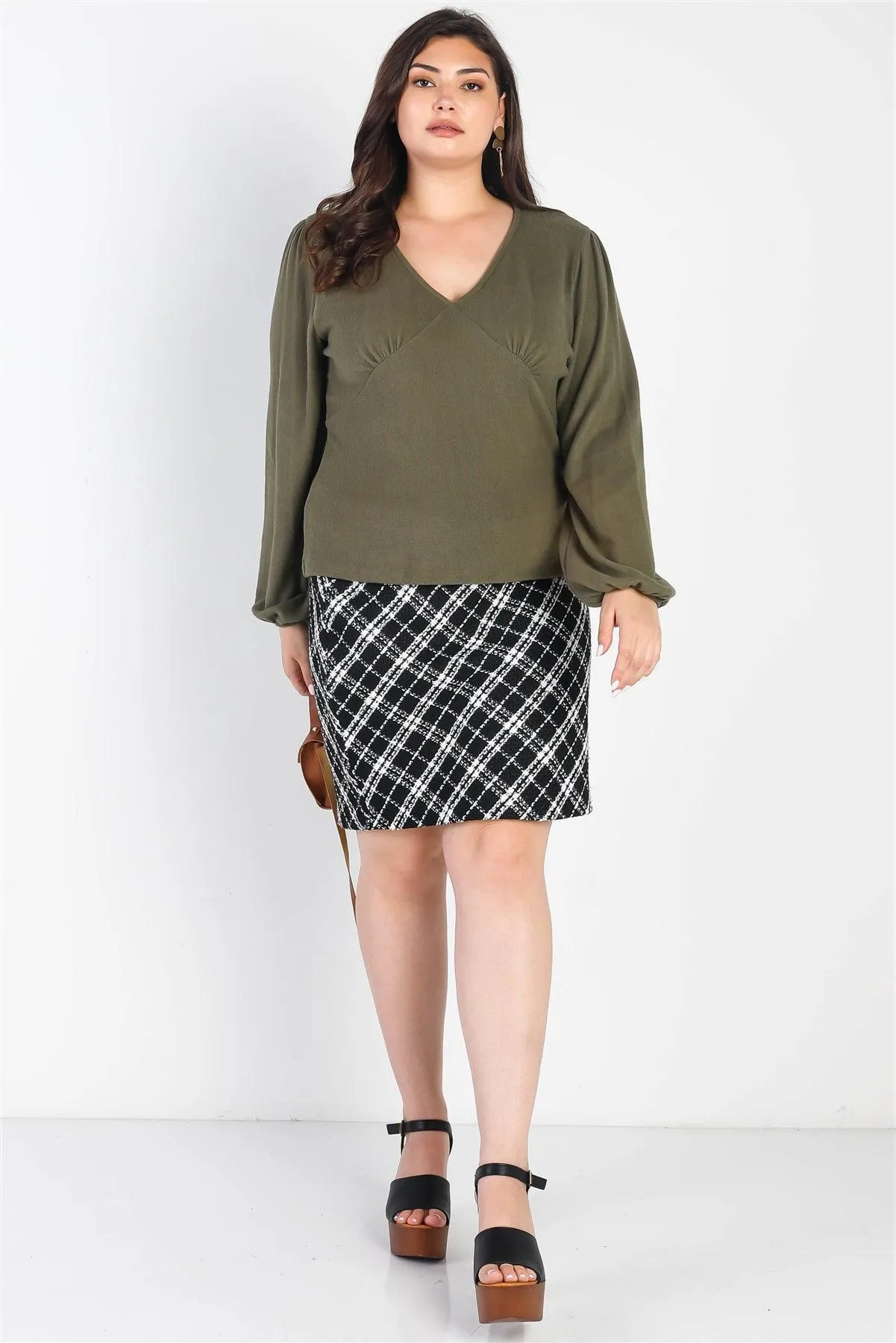 Plus Size Olive Flannel V-Neck Long Sleeve Top /3-2-1