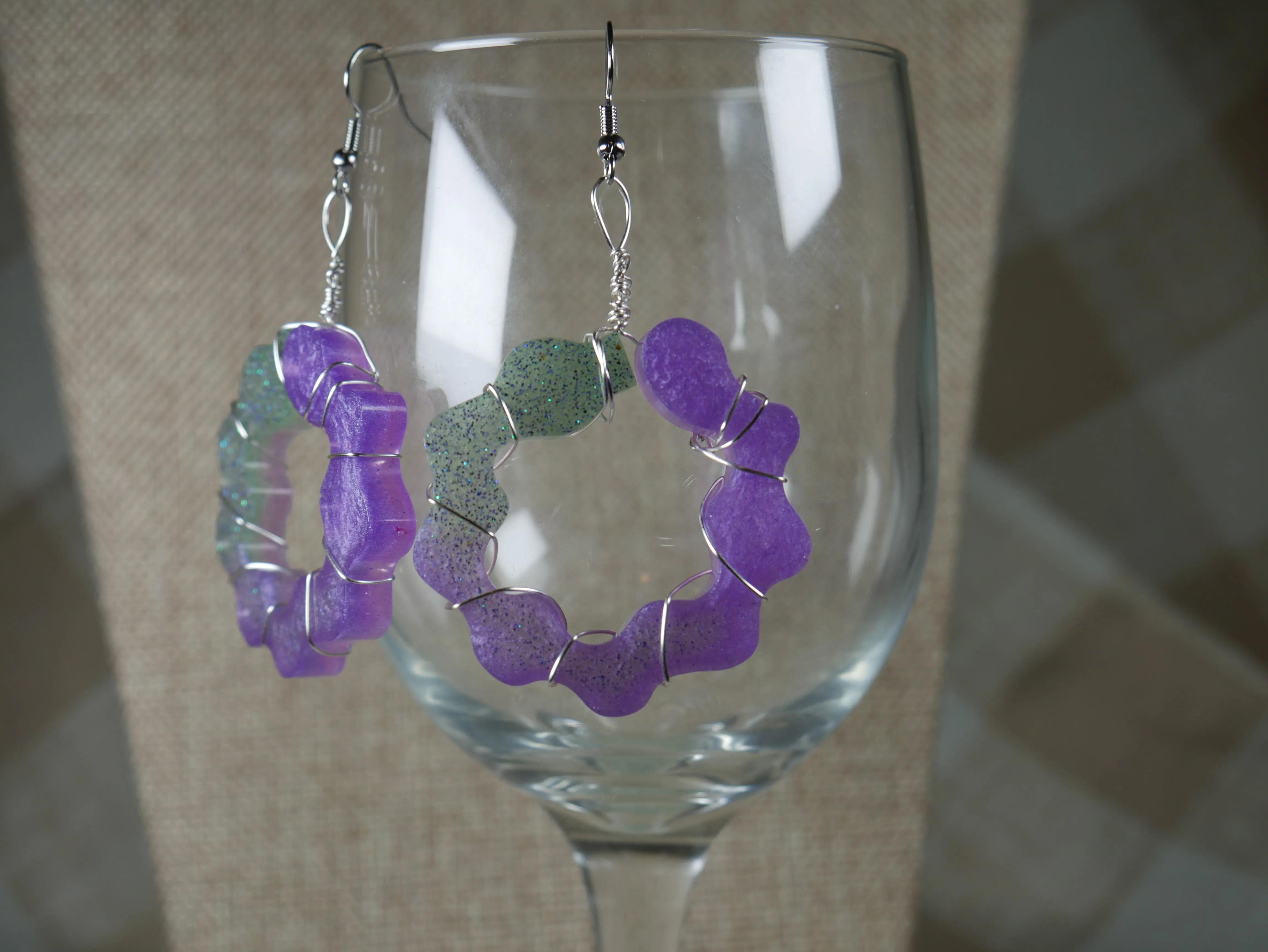 Purple and Green Wire Wrapped Resin Earrings