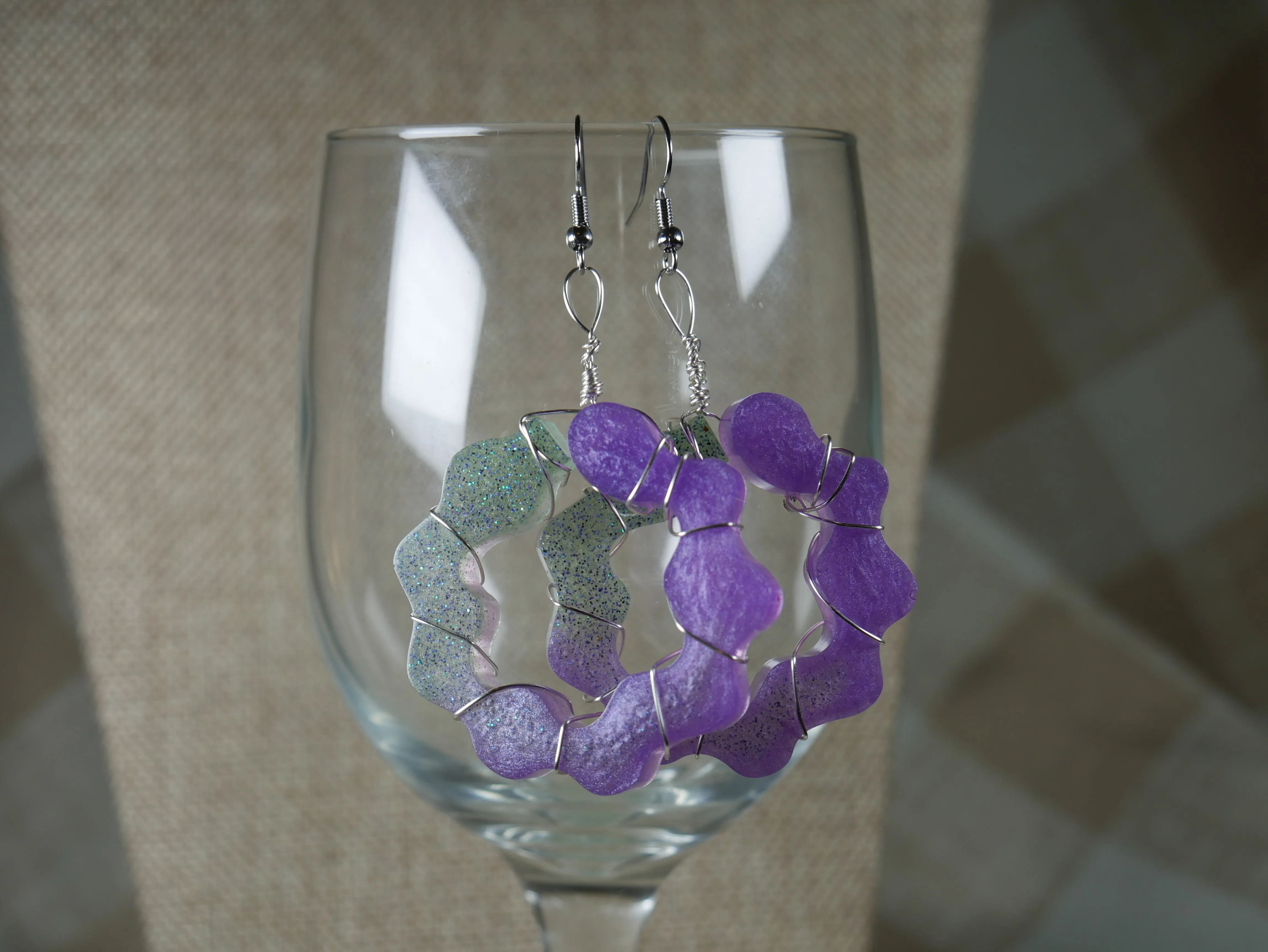 Purple and Green Wire Wrapped Resin Earrings