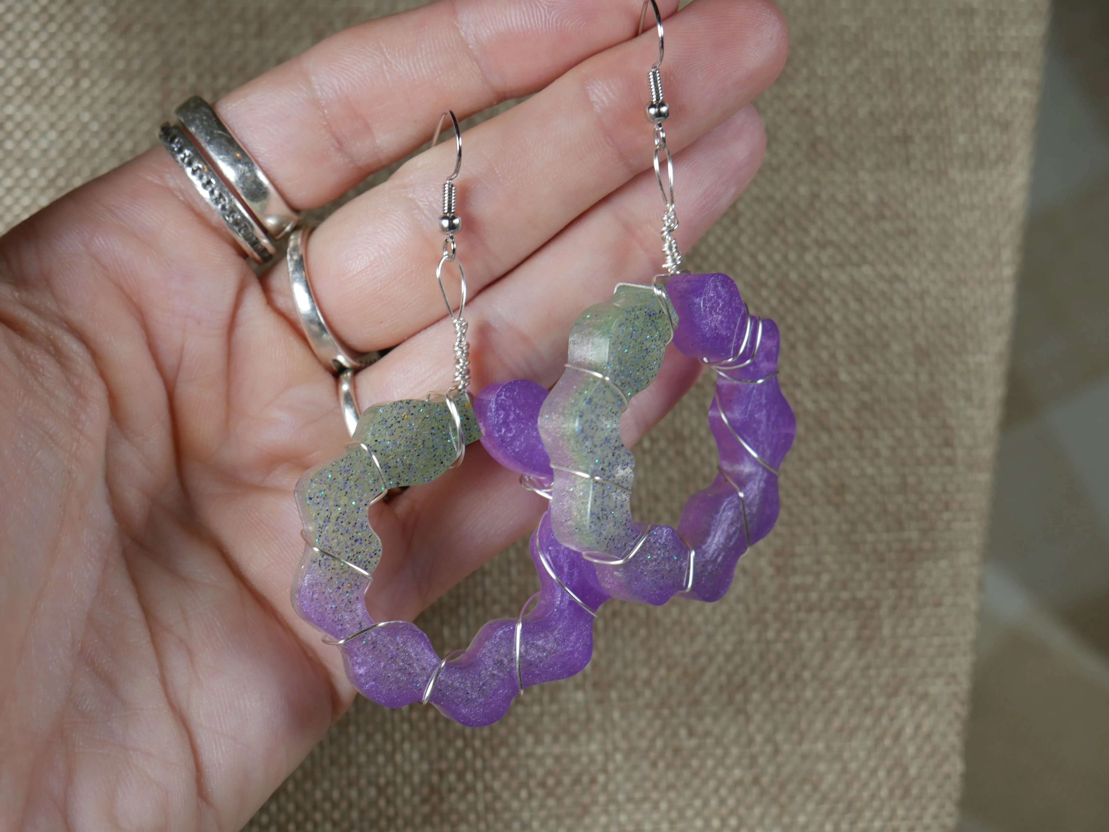 Purple and Green Wire Wrapped Resin Earrings