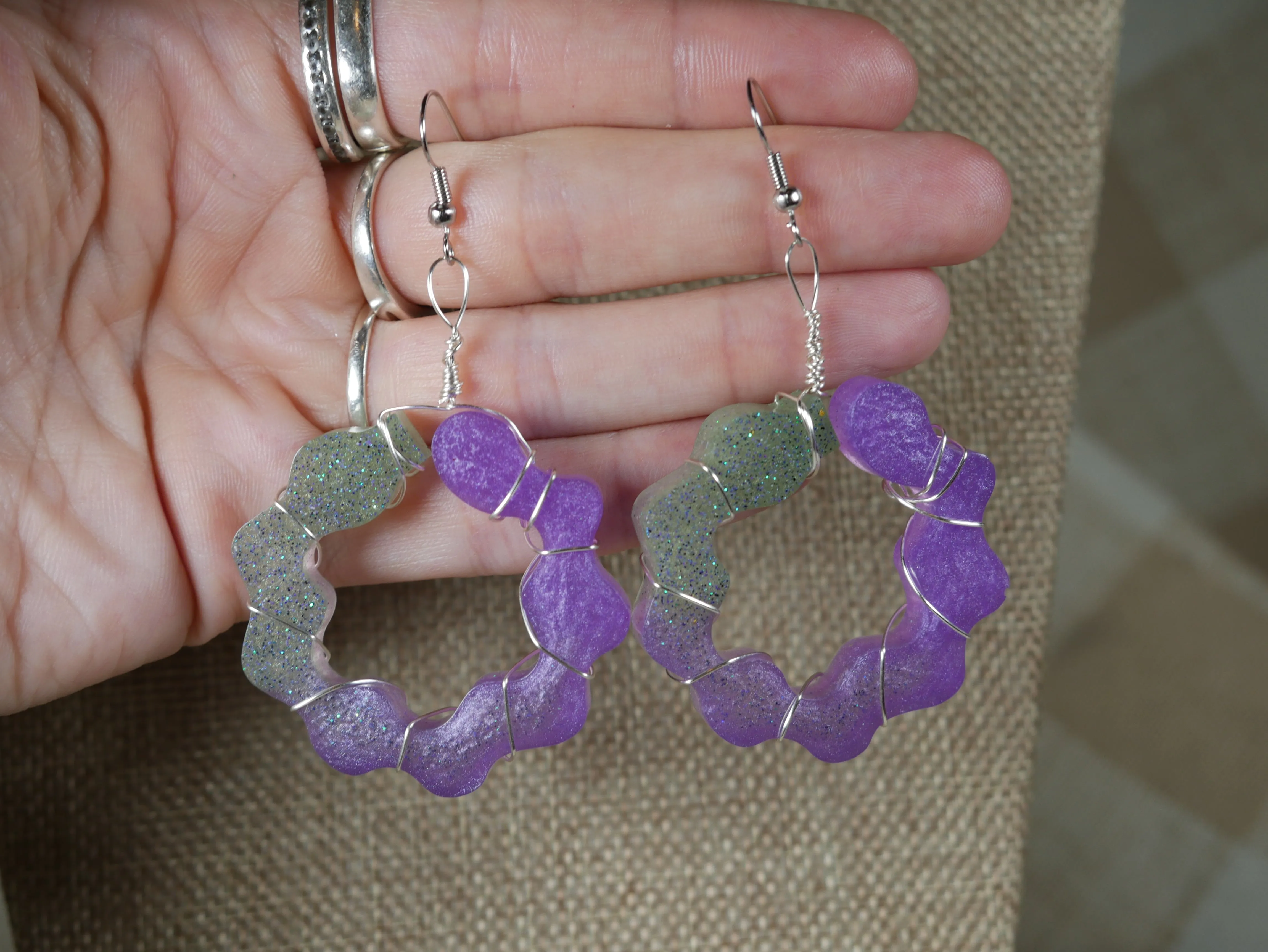 Purple and Green Wire Wrapped Resin Earrings