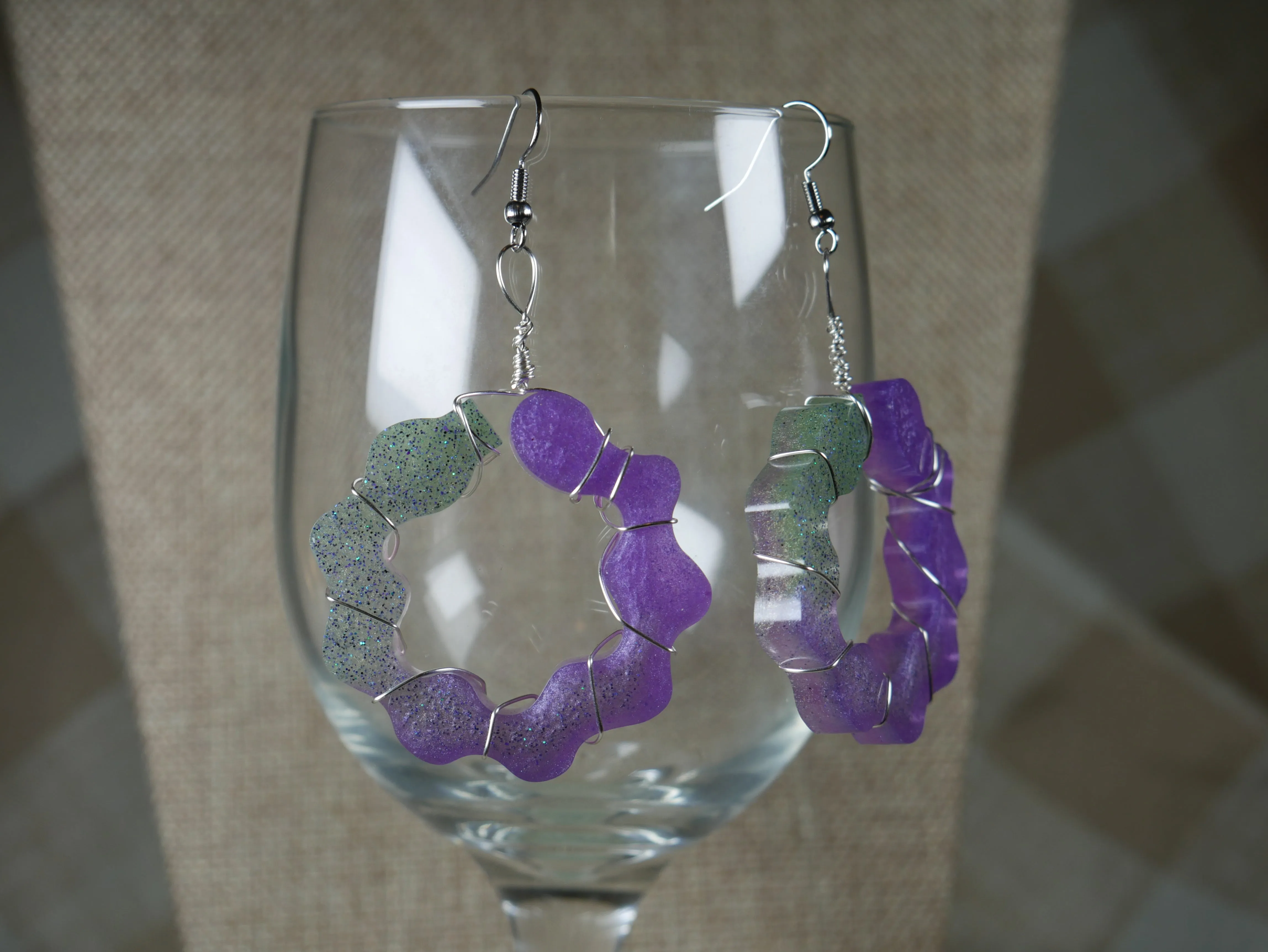 Purple and Green Wire Wrapped Resin Earrings