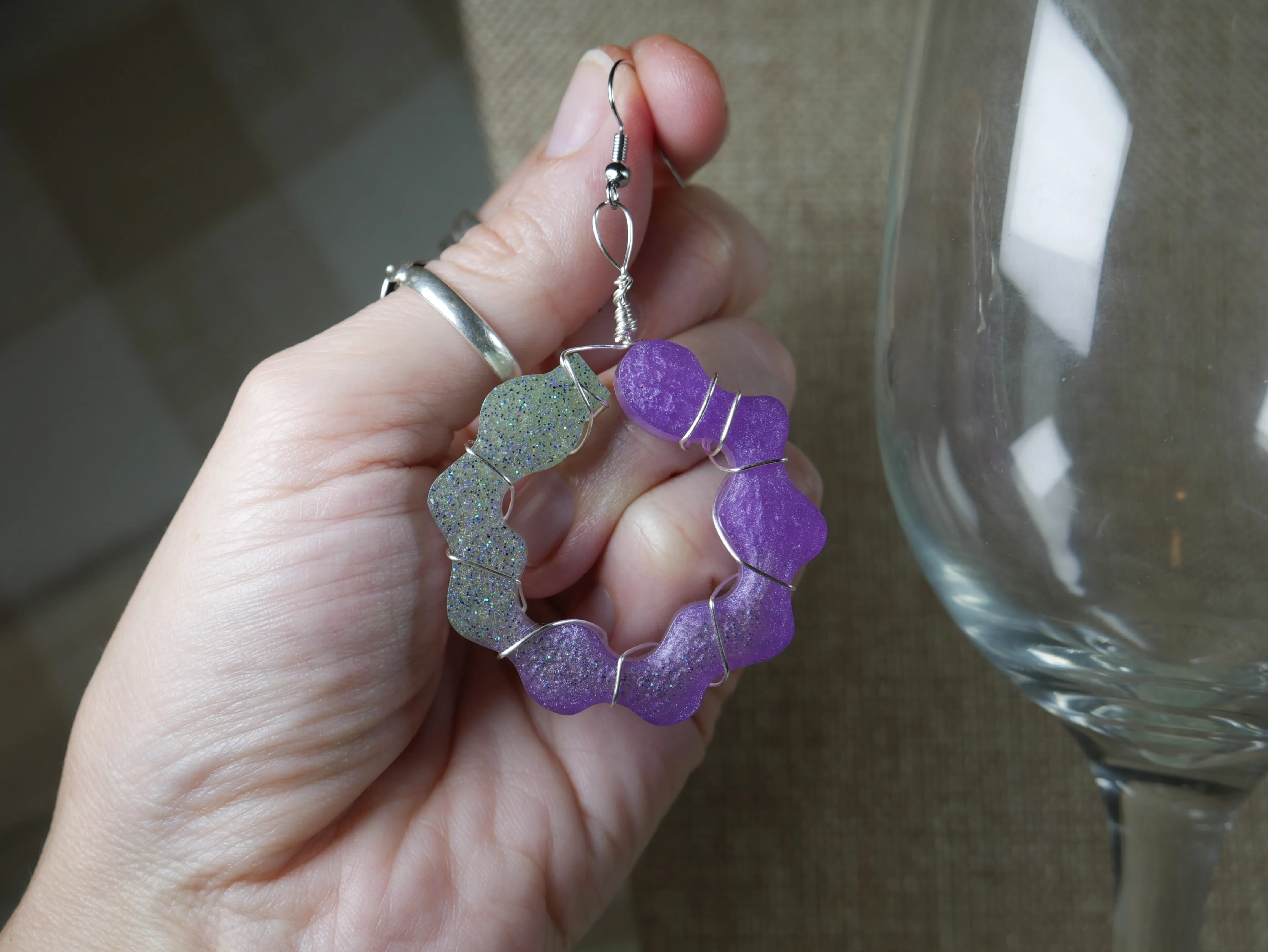 Purple and Green Wire Wrapped Resin Earrings