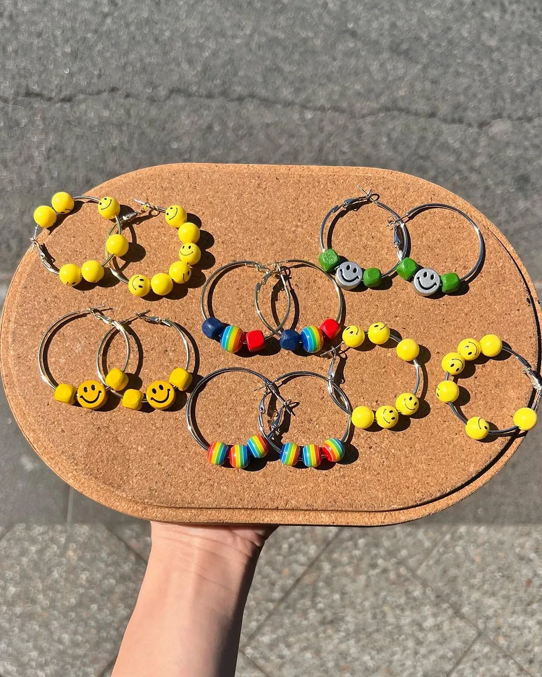 Rainbow Yellow Smiley Face Hoop Earrings