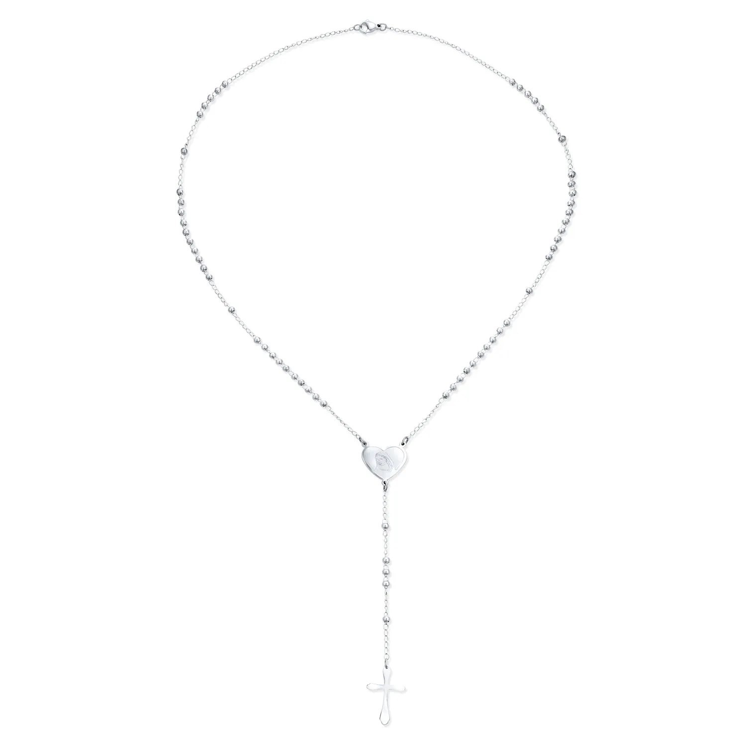 Religious Christian Drop Necklace with Virgin Mary and Cross Rosary Chain Silver Tone