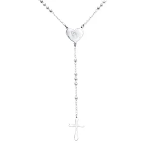 Religious Christian Drop Necklace with Virgin Mary and Cross Rosary Chain Silver Tone