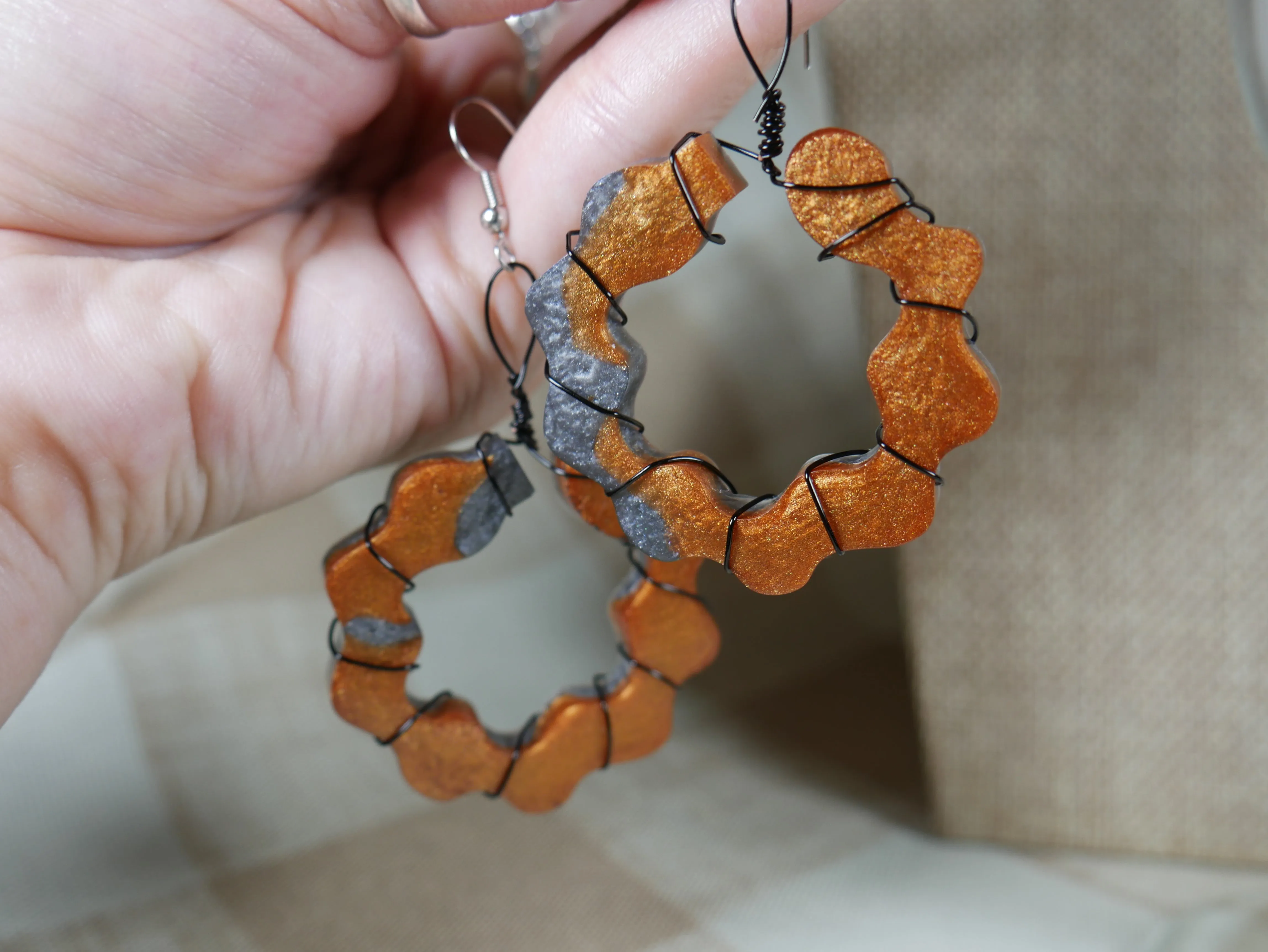 Resin Copper and Silver Colored Wire Wrapped Earrings