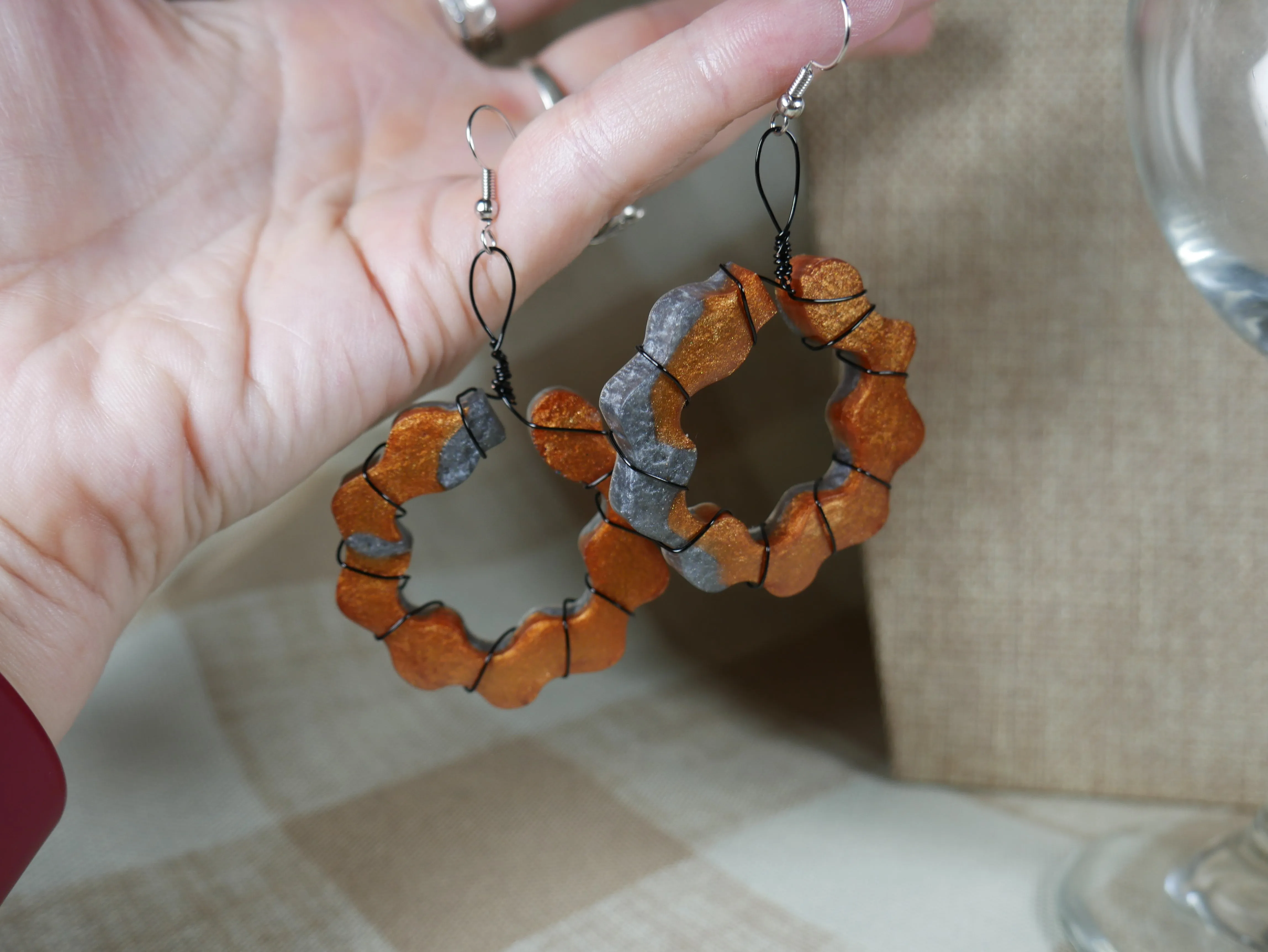 Resin Copper and Silver Colored Wire Wrapped Earrings