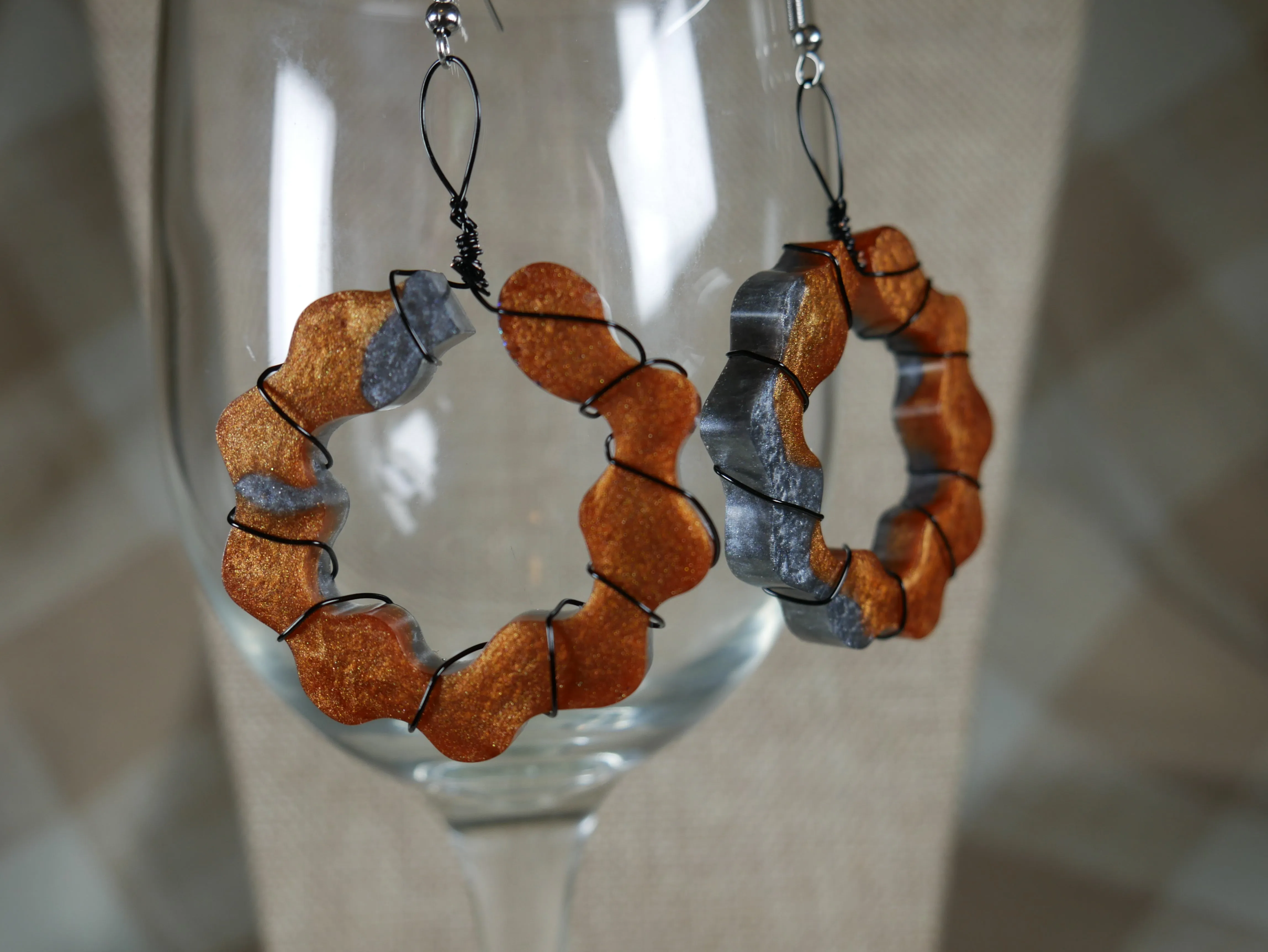 Resin Copper and Silver Colored Wire Wrapped Earrings