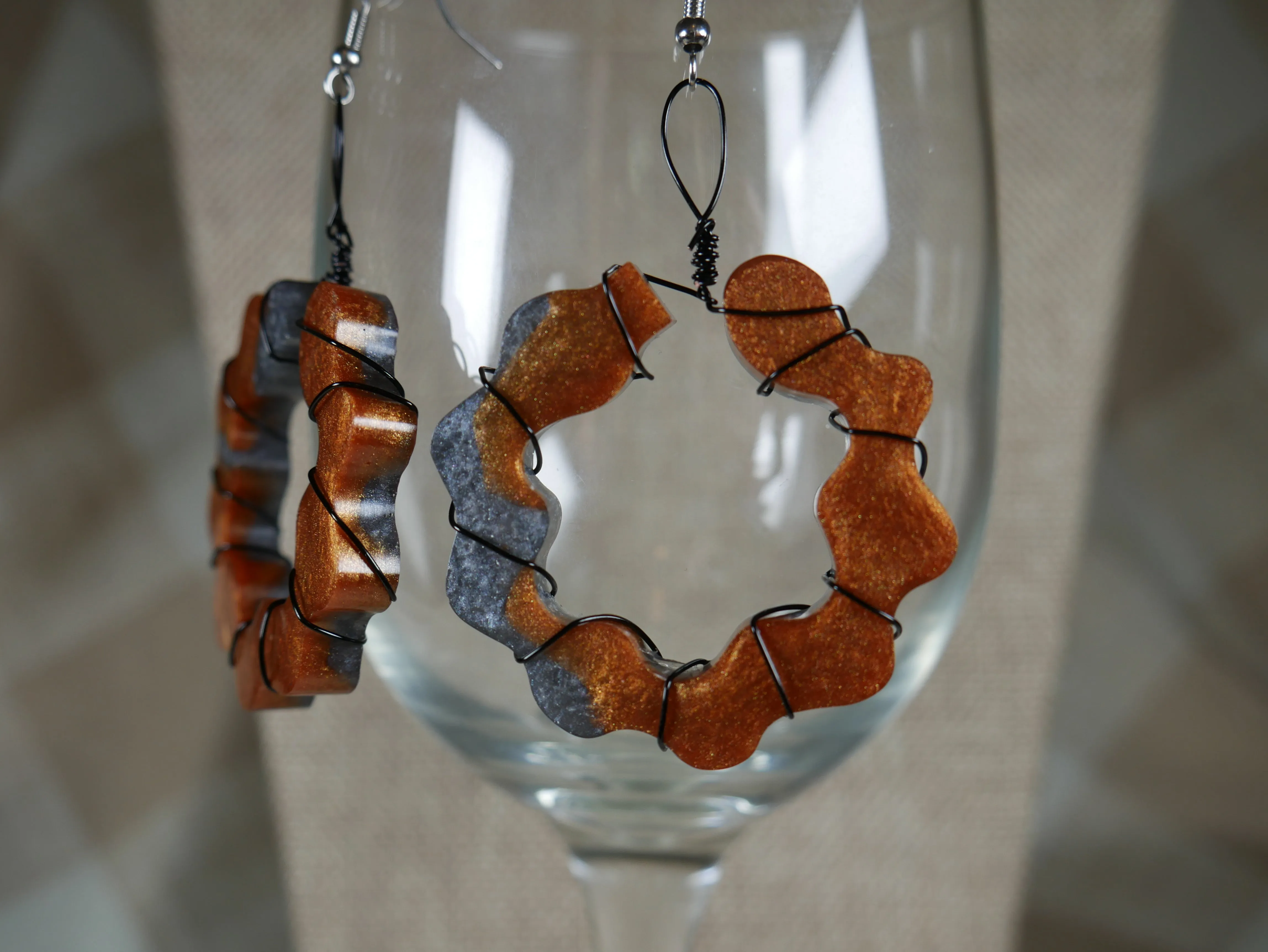 Resin Copper and Silver Colored Wire Wrapped Earrings