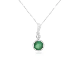 Round Emerald and Diamond Milgrain Bezel Pendant Necklace in 14k White Gold