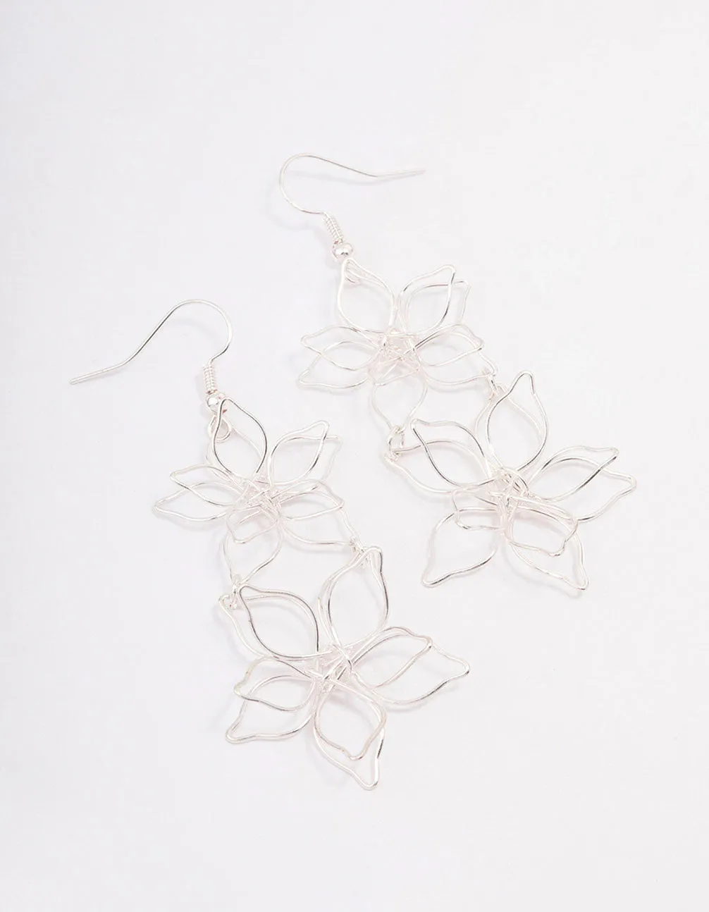 Silver Double Wire Flower Drop Earrings