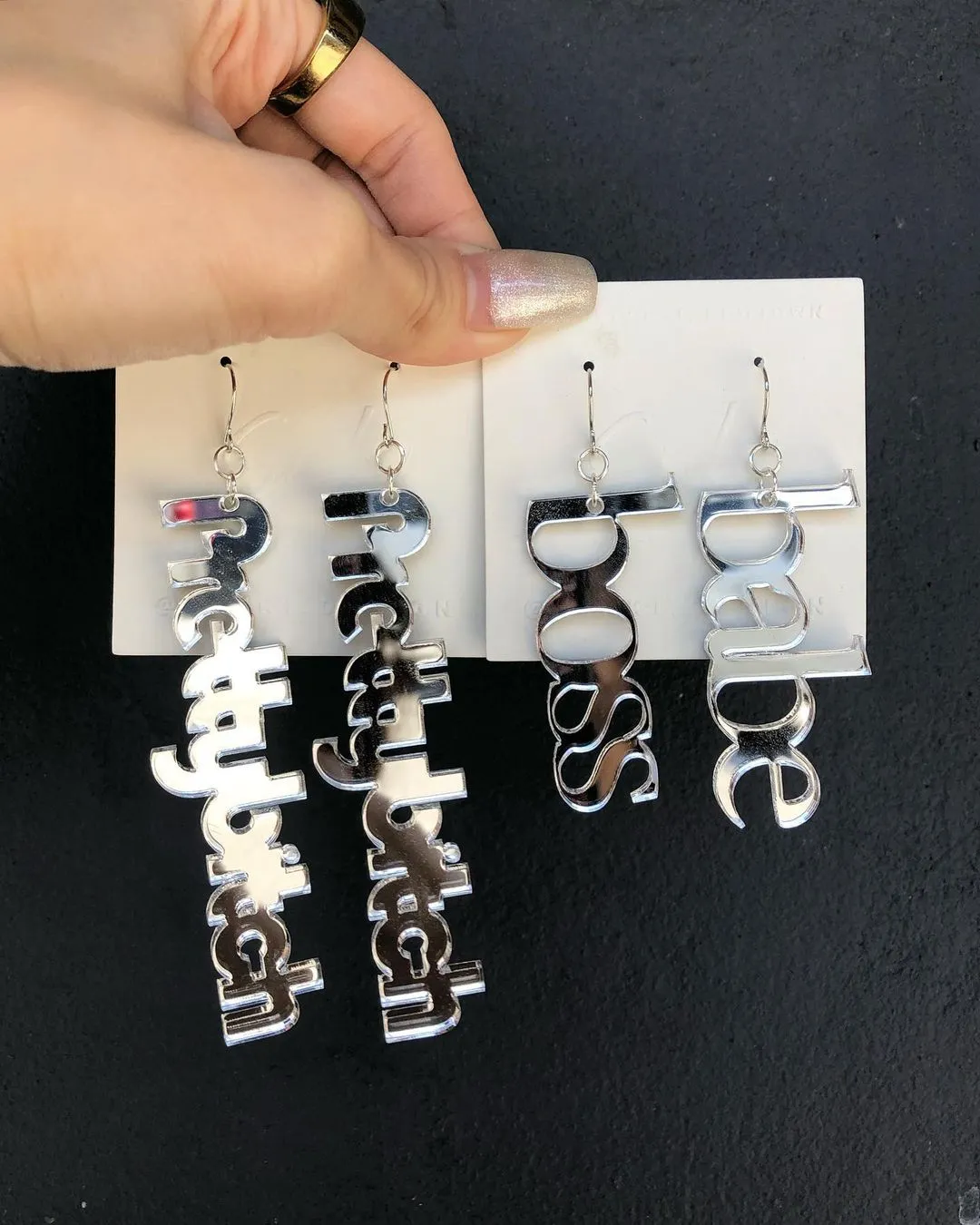 Silver Mirror Pretty Bitch Boss Babe Custom Made Earrings