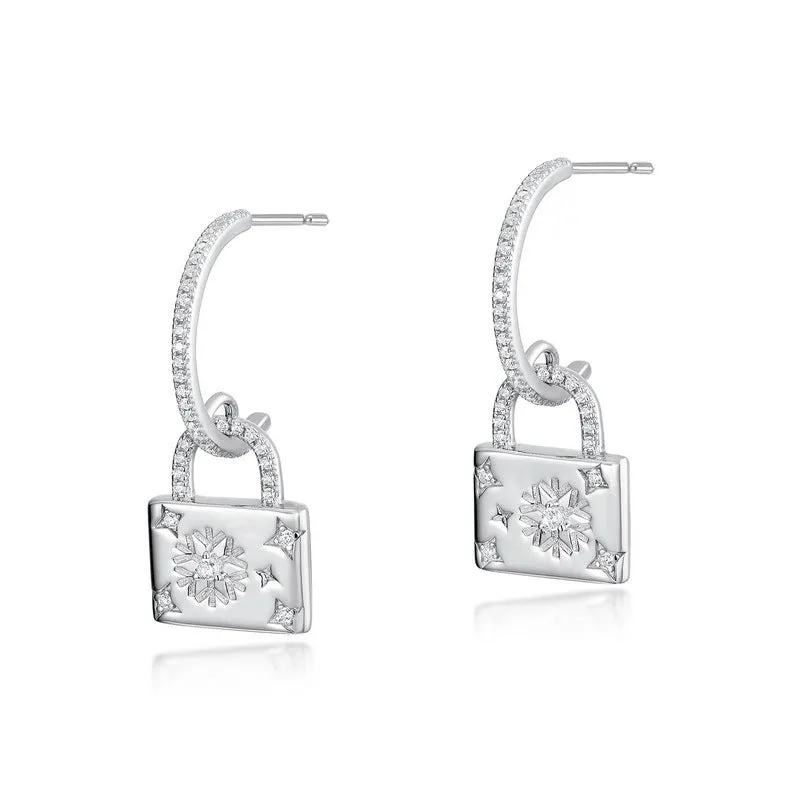 Snowflake Lock Pendant C Shape Zircon Sterling Silver Drop Earrings