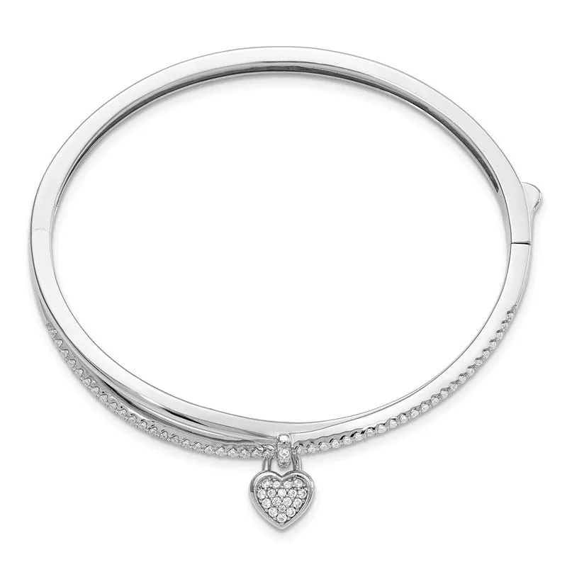 Sterling Silver Rhodium-plated CZ Heart Dangle Hinged Bangle